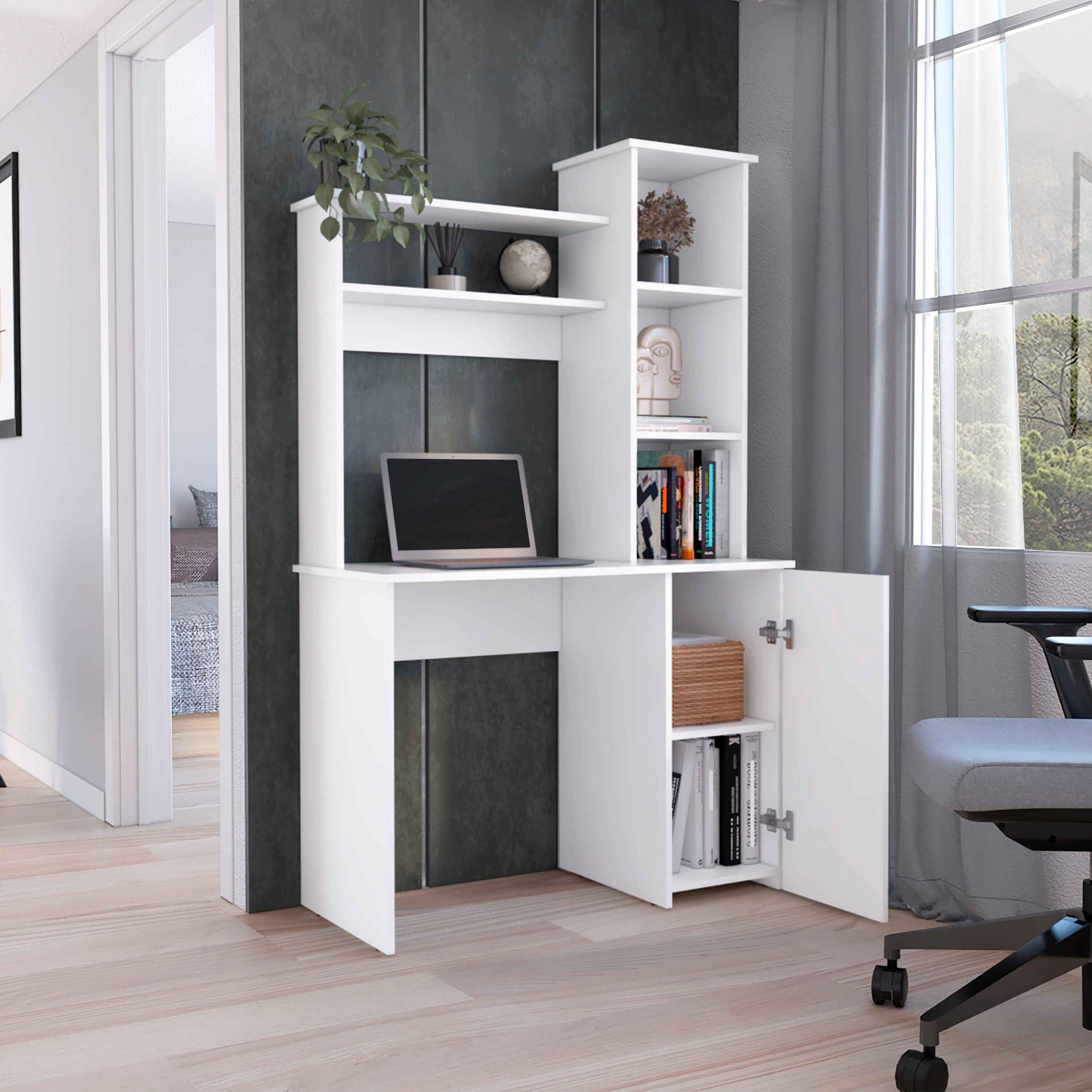 Muncy Computer Desk with Ample Work Surface, Hutch Storage and Single Door Cabinet with 3-Tier Shelves, White