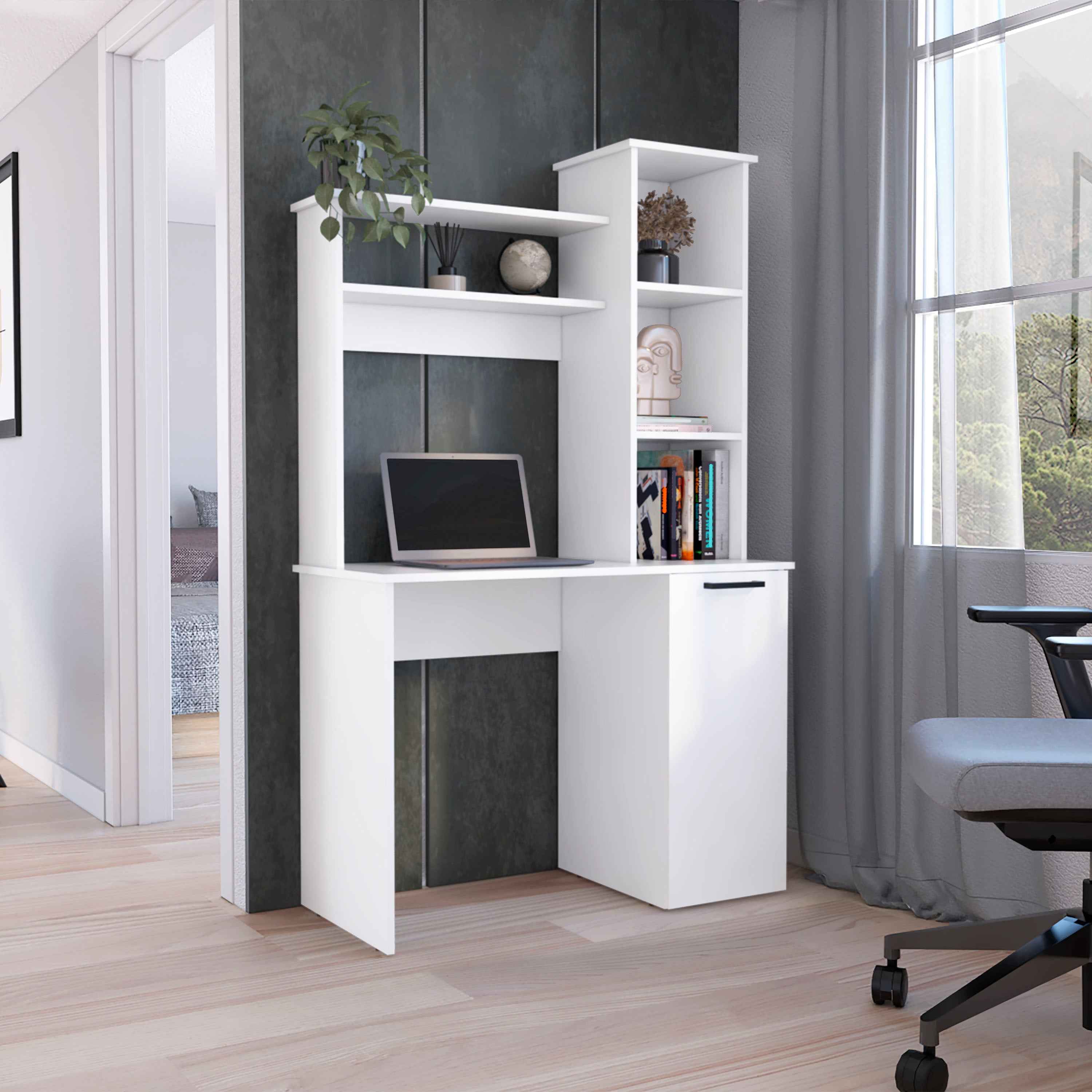 Muncy Computer Desk with Ample Work Surface, Hutch Storage and Single Door Cabinet with 3-Tier Shelves, White