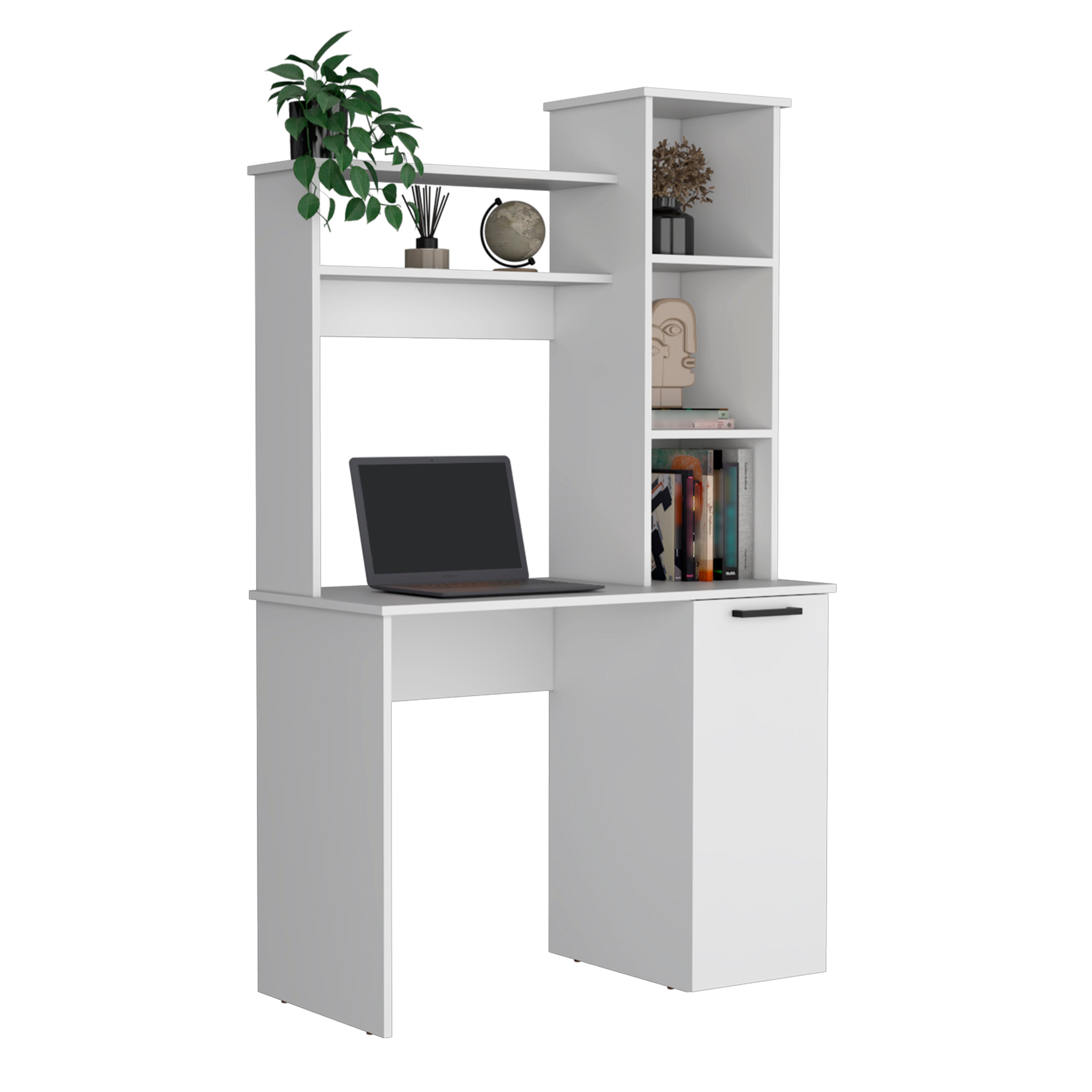 Muncy Computer Desk with Ample Work Surface, Hutch Storage and Single Door Cabinet with 3-Tier Shelves, White - Luciddepo