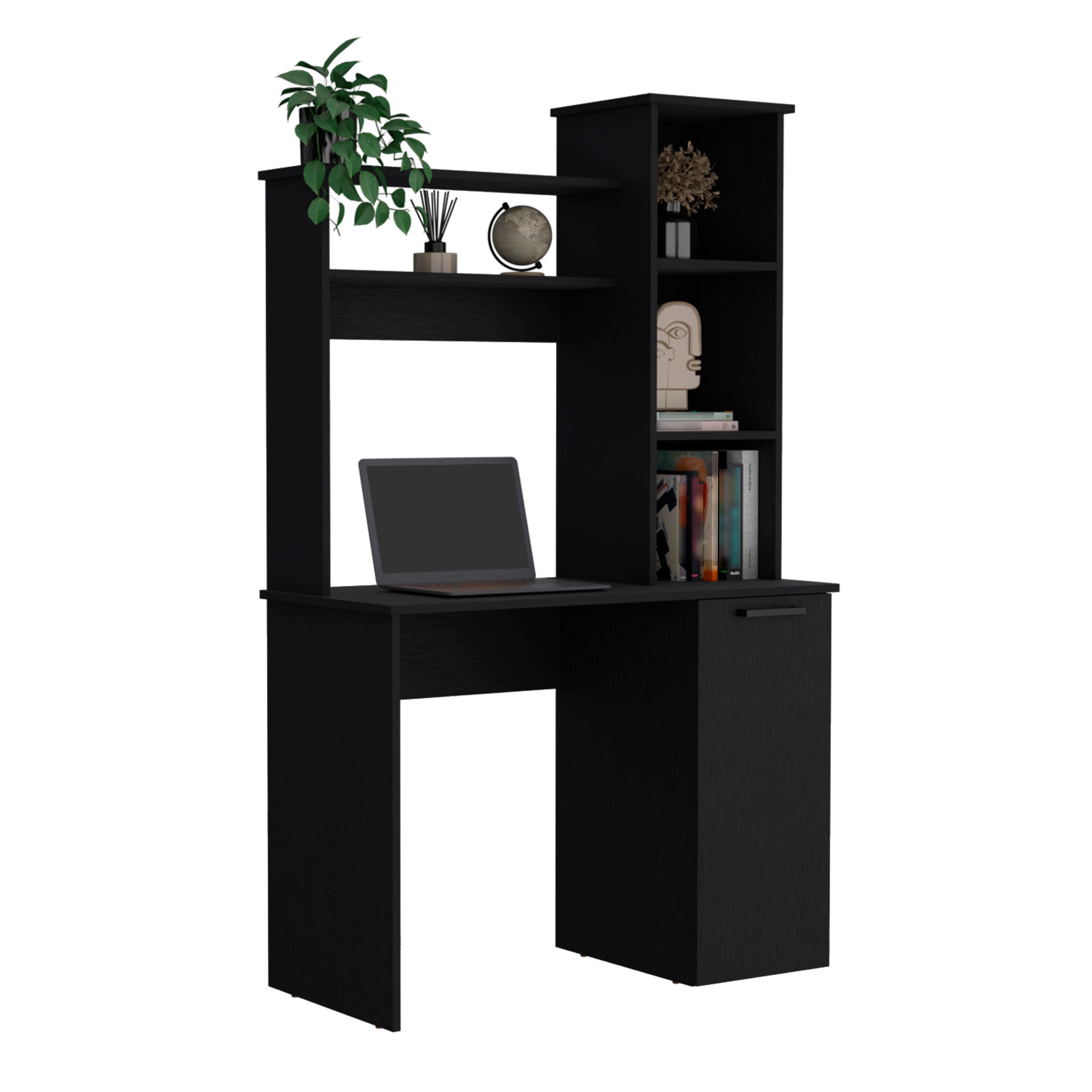 Muncy Computer Desk with Ample Work Surface, Hutch Storage and Single Door Cabinet with 3-Tier Shelves, Black - Luciddepo