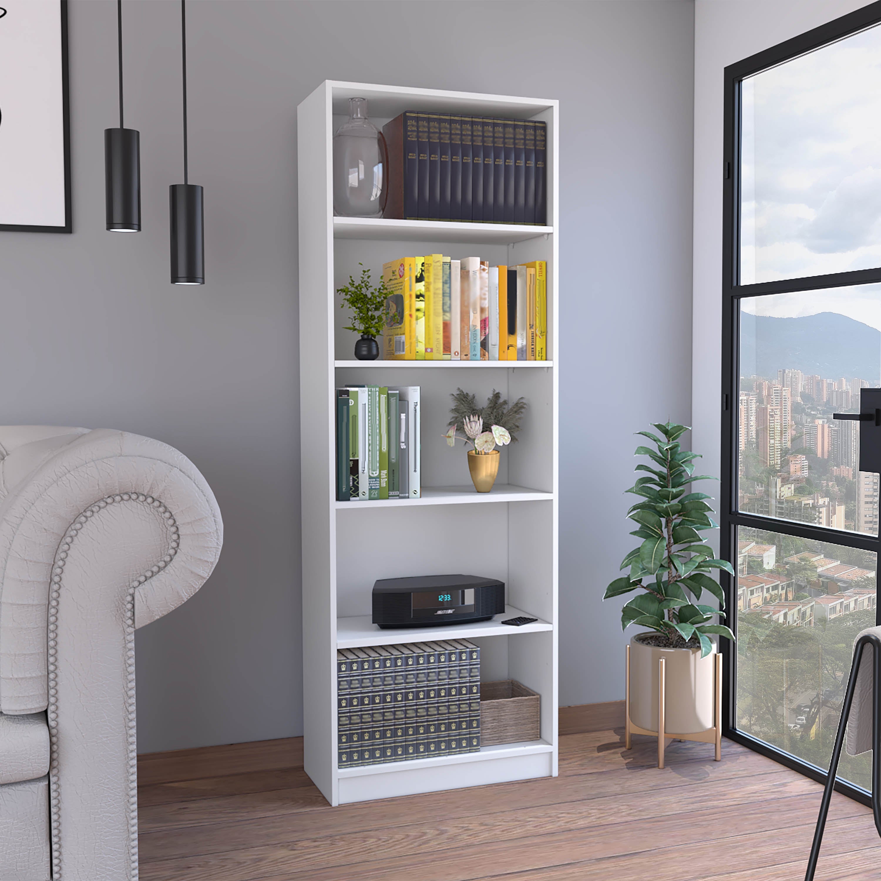 Vinton 4-Tier Bookcase with Modern Storage for Books and Decor, White - Luciddepo