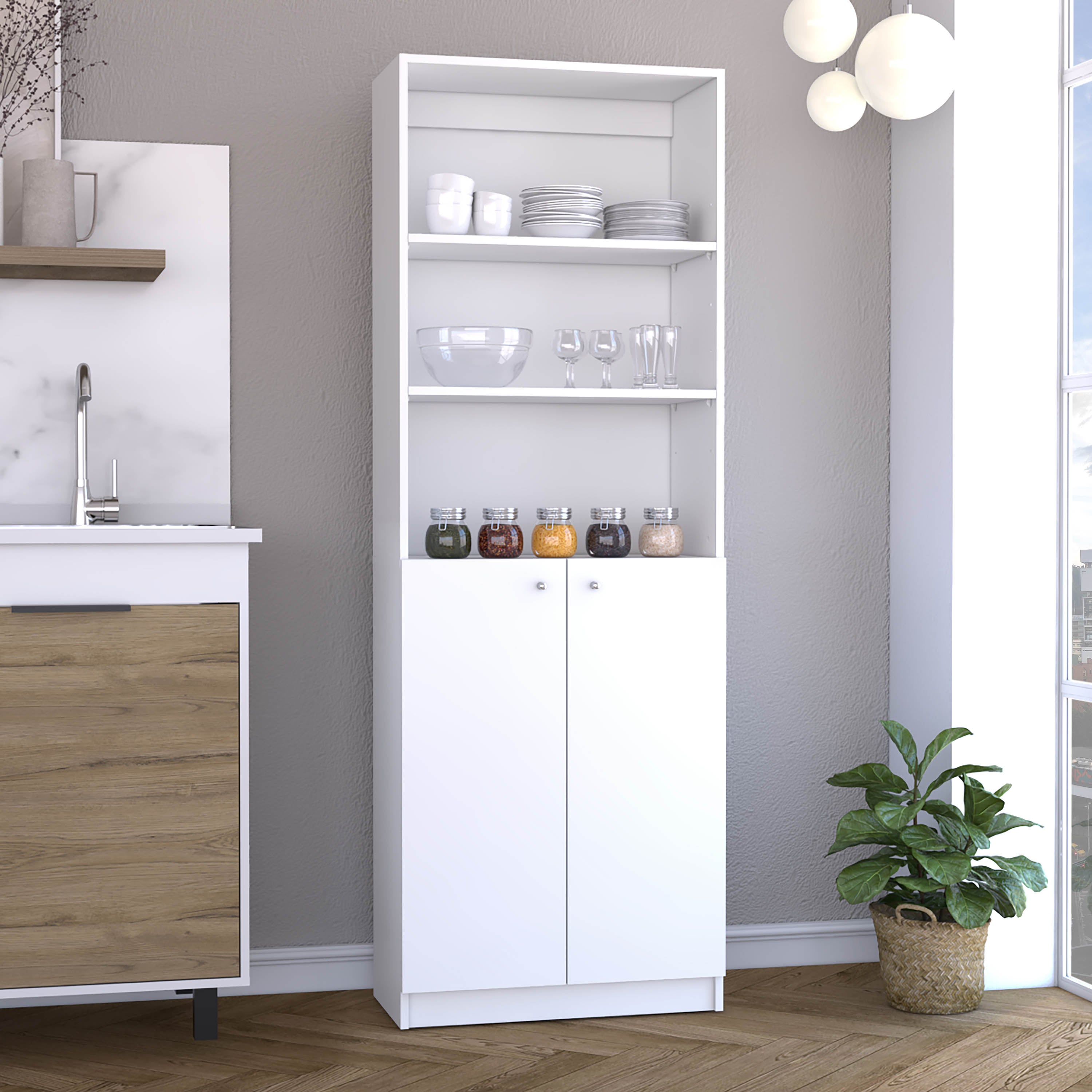 Vinton 2-Door Bookcase with Upper Shelves, White - Luciddepo