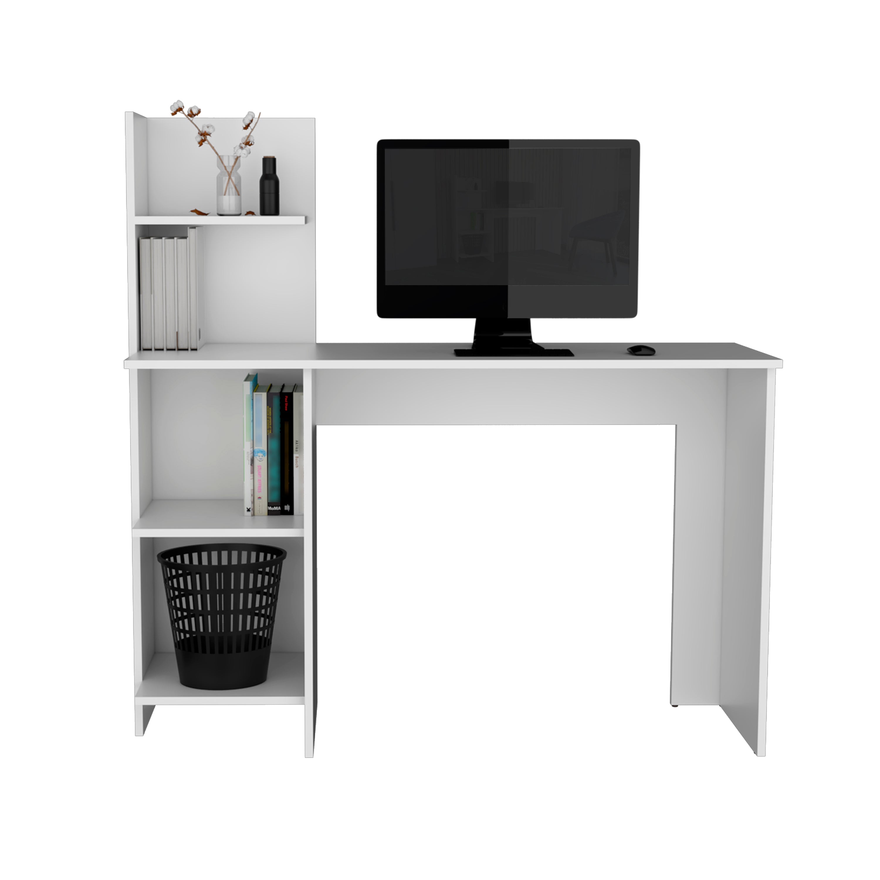 Toronto 120 Writing Desk, Four Shelves, White - Luciddepo