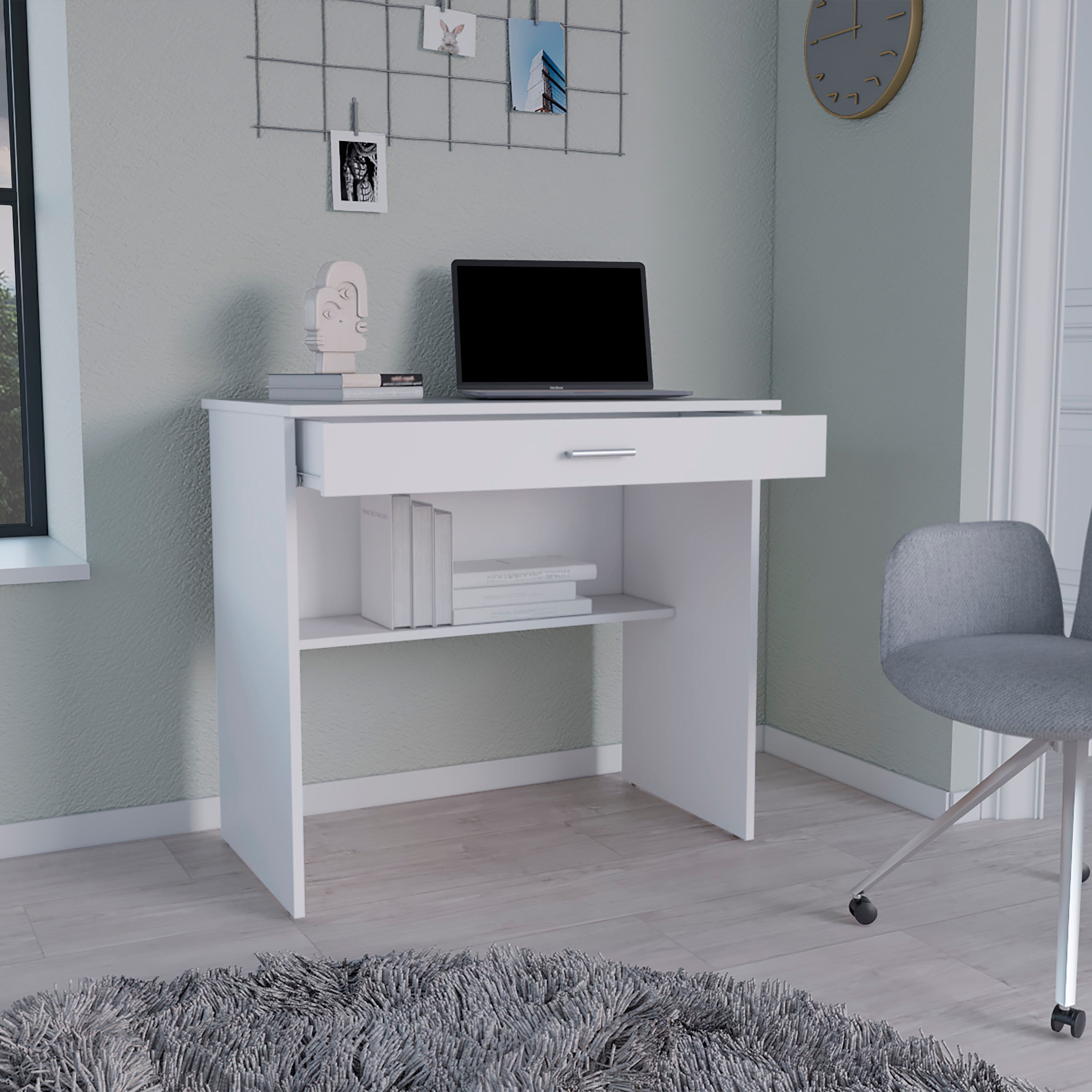Montana Storage Desk, Spacious Stylish with Drawer and Shelf, White - Luciddepo