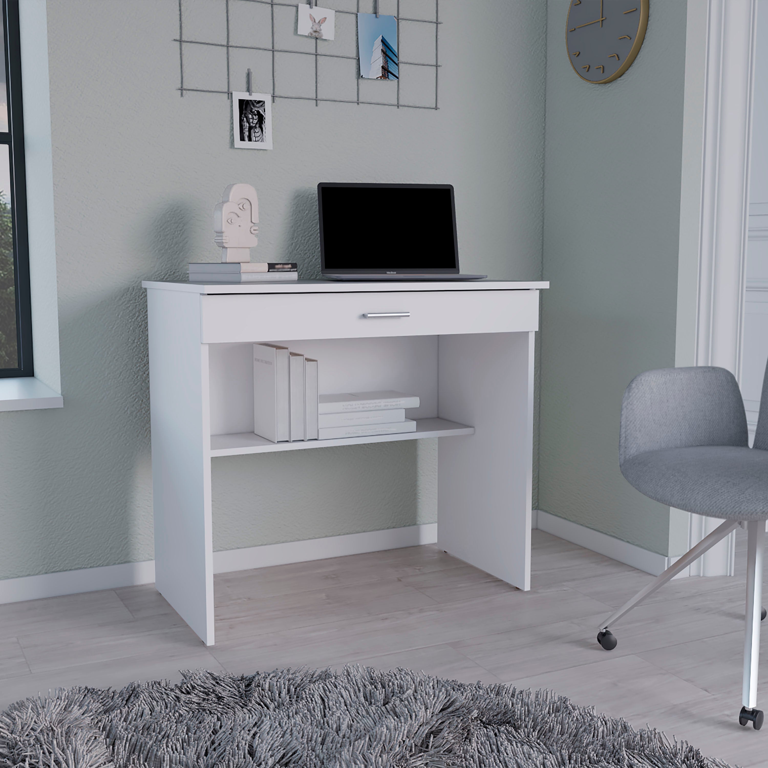 Montana Storage Desk, Spacious Stylish with Drawer and Shelf, White - Luciddepo