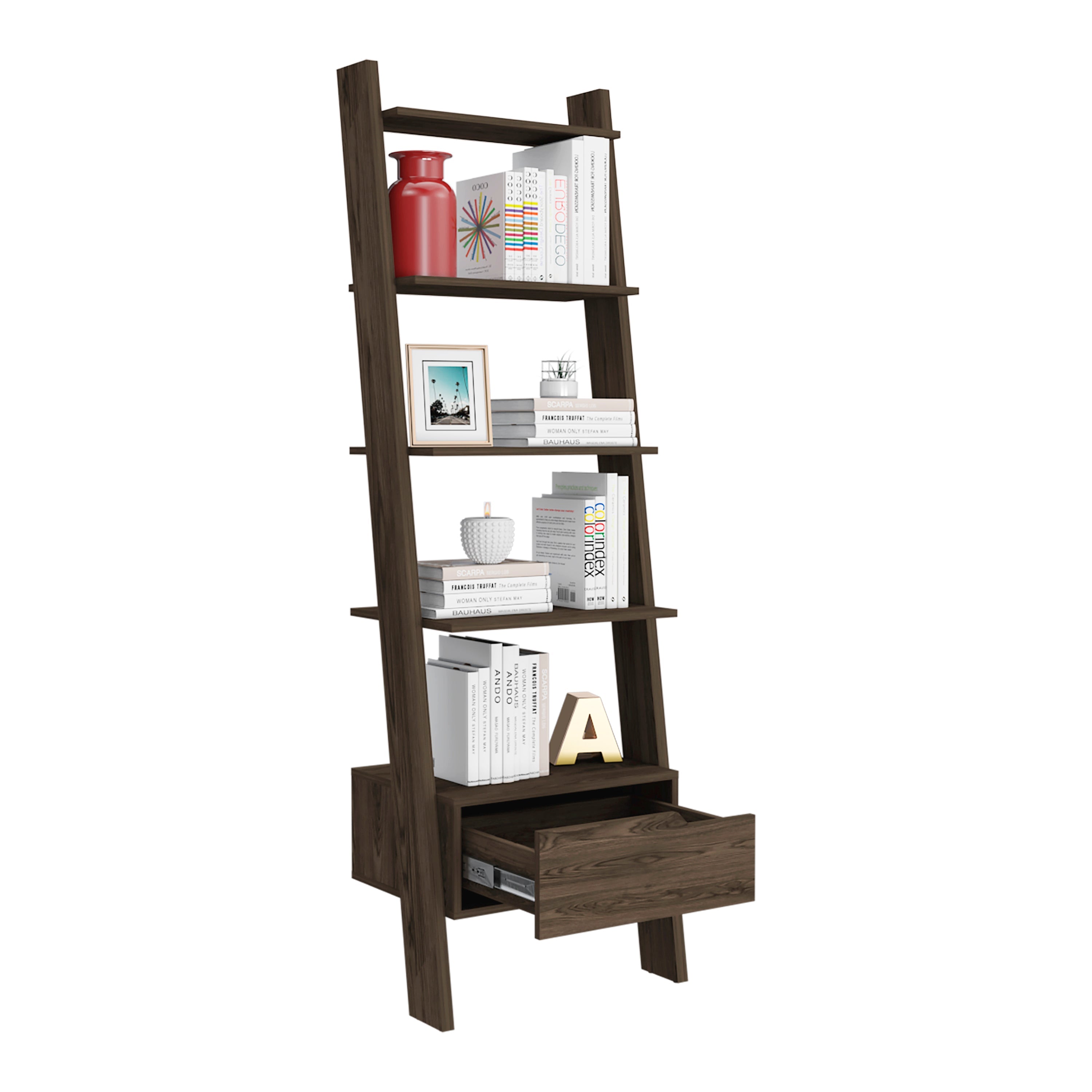Kobe Ladder Bookcase, One Drawer, Five Open Shelves, Dark Walnut - Luciddepo