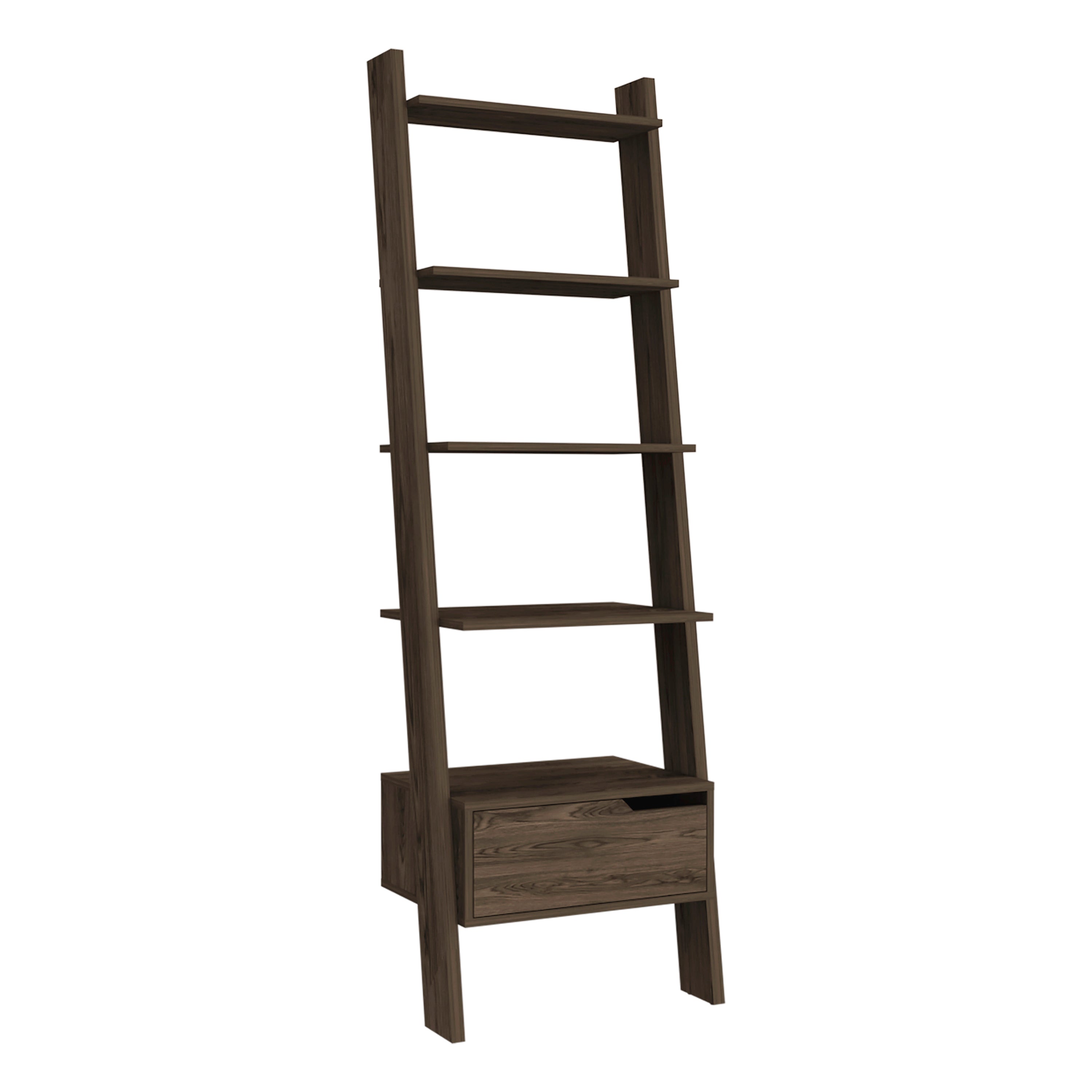 Kobe Ladder Bookcase, One Drawer, Five Open Shelves, Dark Walnut - Luciddepo