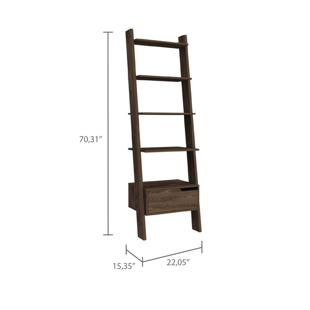 Kobe Ladder Bookcase, One Drawer, Five Open Shelves, Dark Walnut - Luciddepo