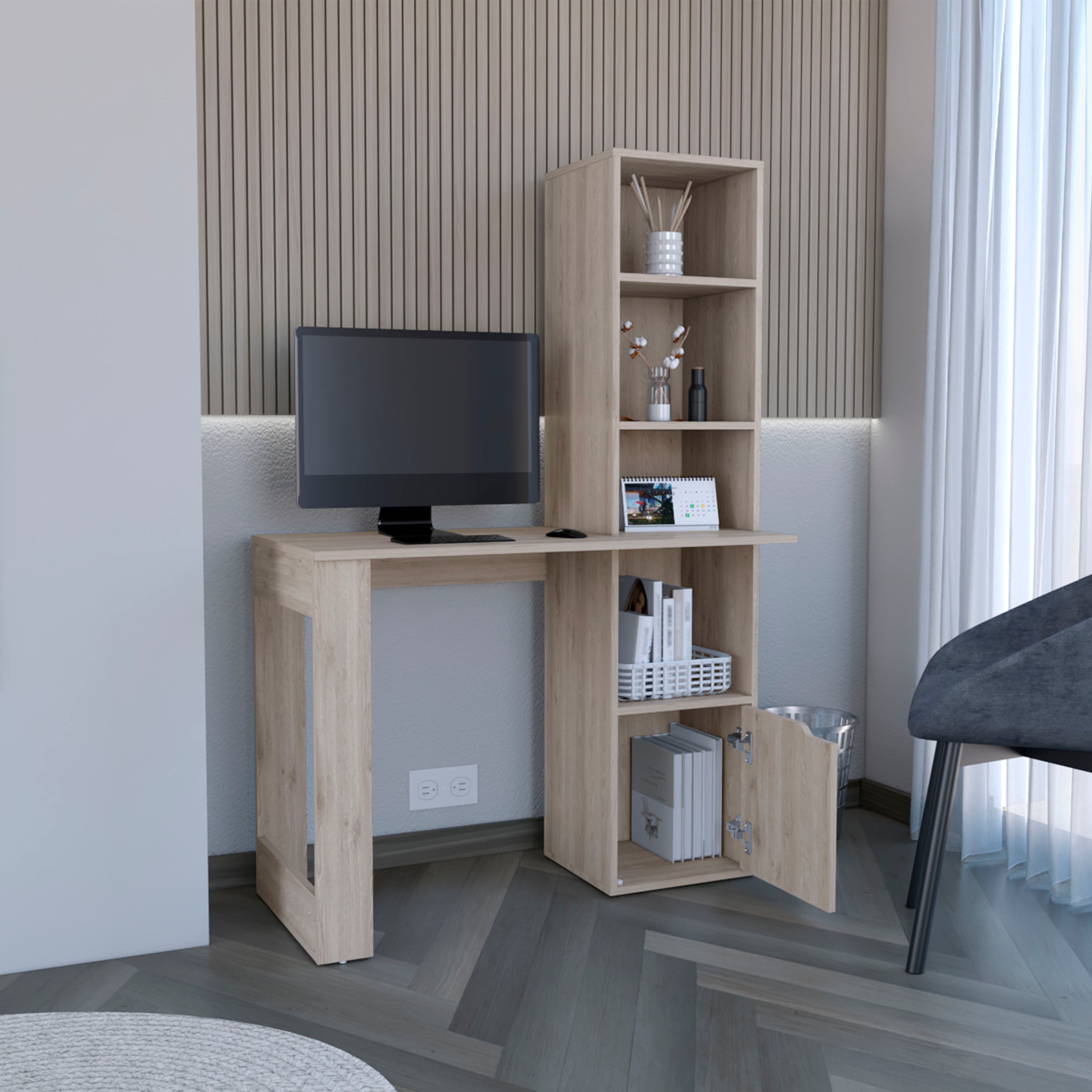 Ripley Writing Desk With Bookcase and Cabinet, Light Gray - Luciddepo