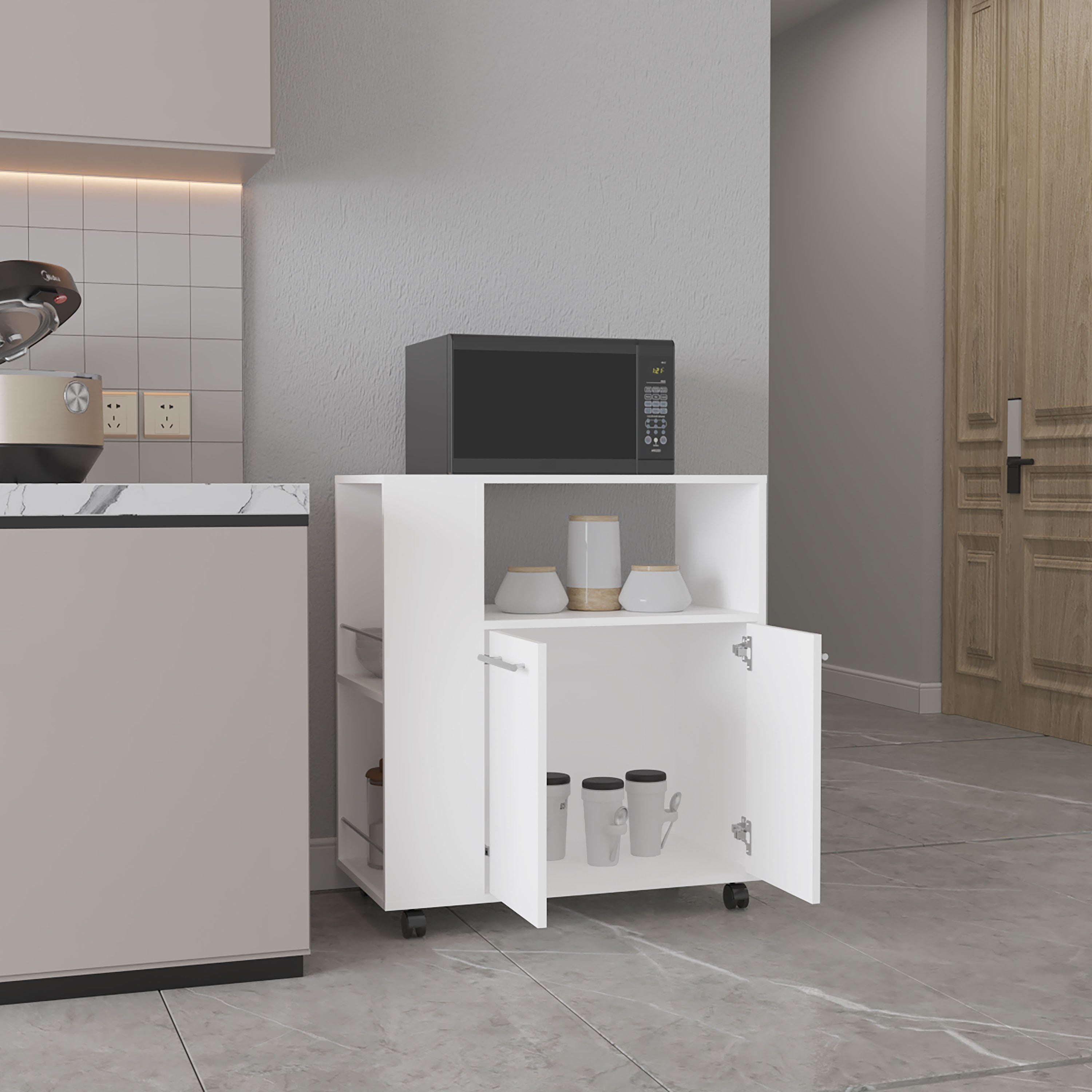 Bremerton Kitchen Cart, 2 Doors, 3 Shelves, 4 Wheels, White - Luciddepo