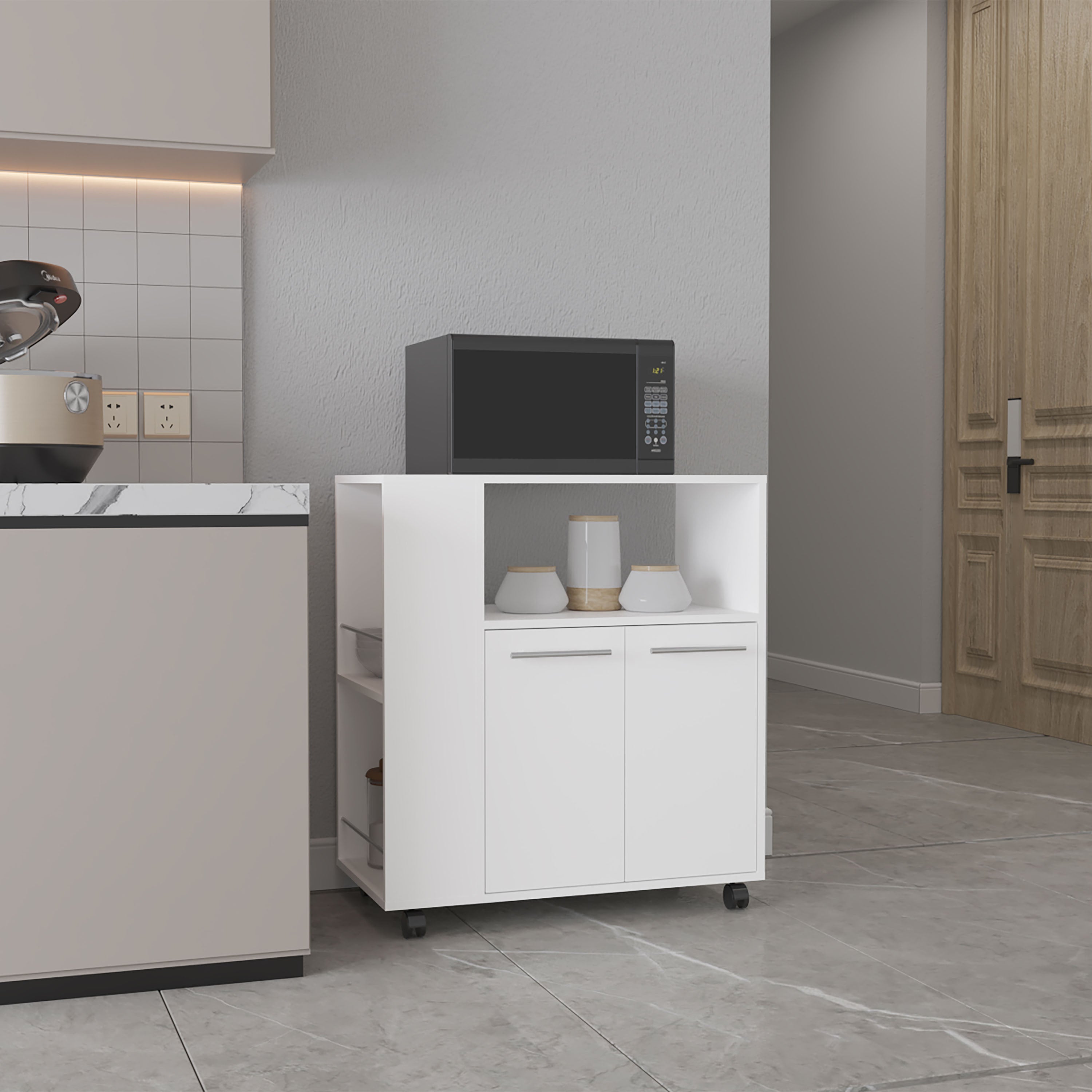 Bremerton Kitchen Cart, 2 Doors, 3 Shelves, 4 Wheels, White - Luciddepo