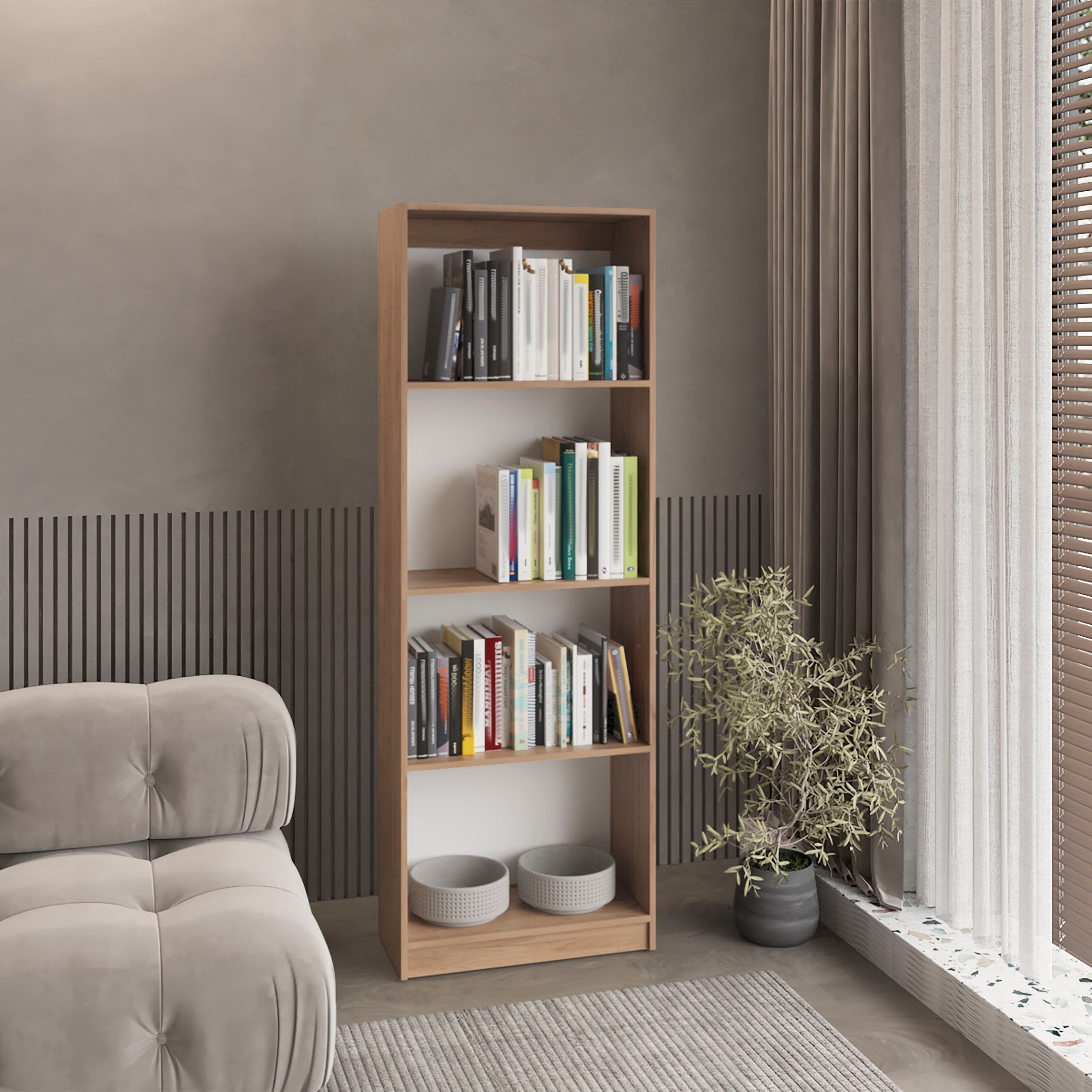 Vinton Bookcase with Spacious Tier-Shelving Design, Natural Oak / White - Luciddepo
