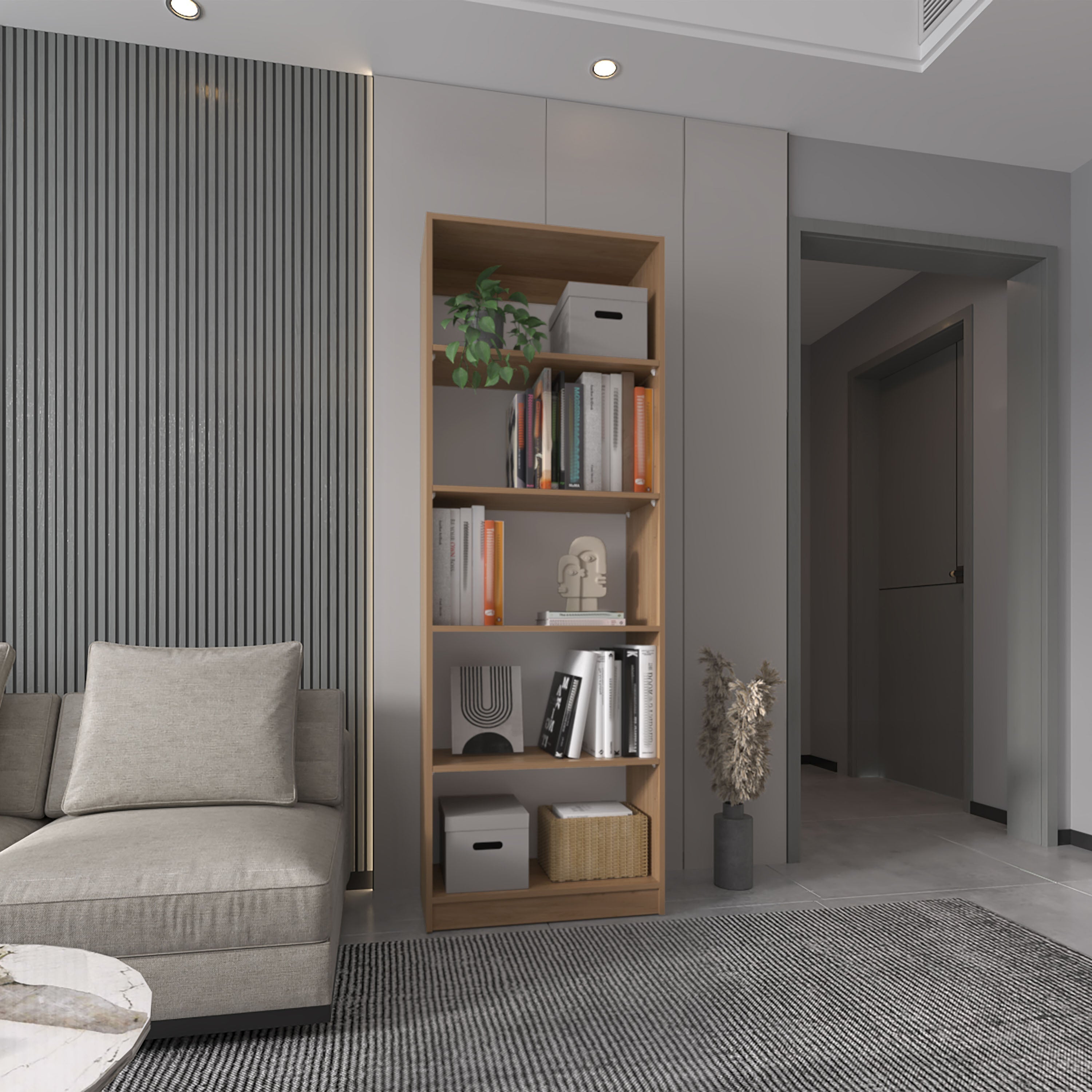 Vinton 4-Tier Bookcase with Modern Storage for Books and Decor, Natural Oak / White - Luciddepo