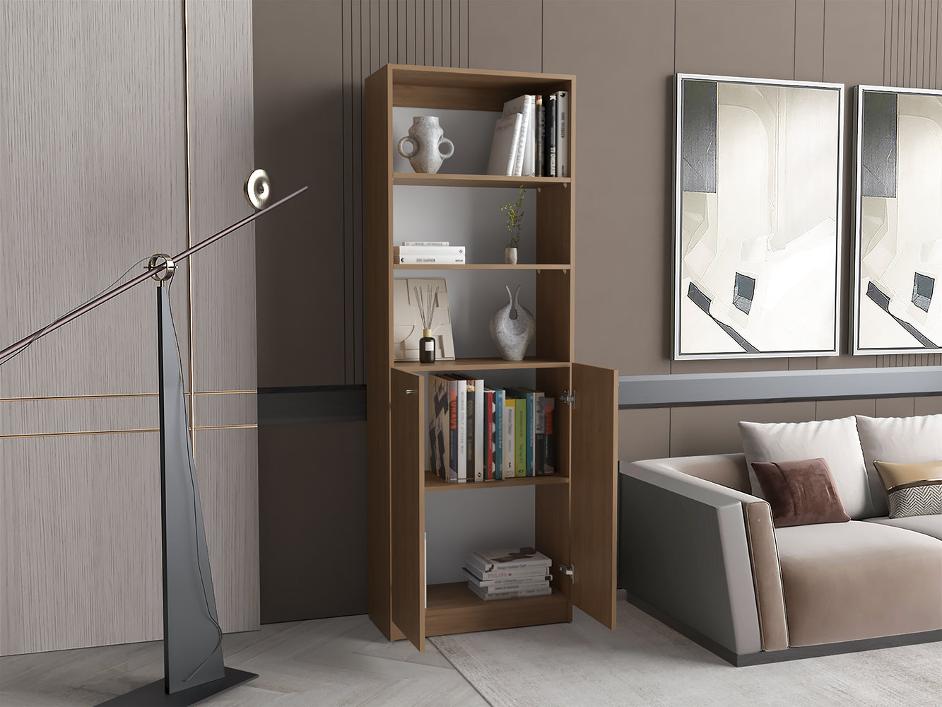 Vinton 2-Door Bookcase with Upper Shelves, Natural Oak / White - Luciddepo