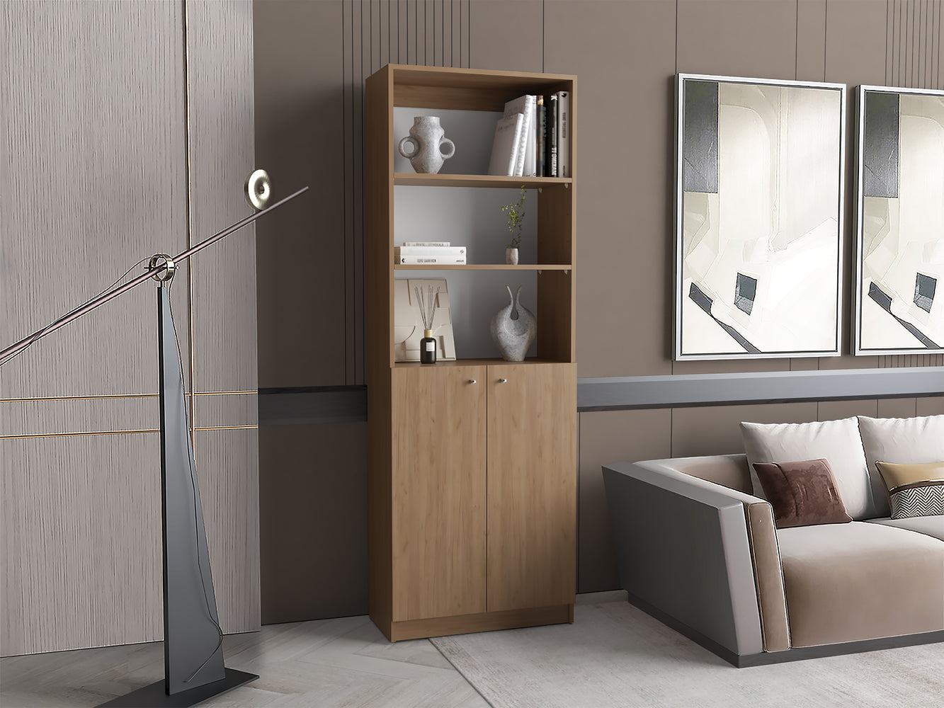 Vinton 2-Door Bookcase with Upper Shelves, Natural Oak / White - Luciddepo