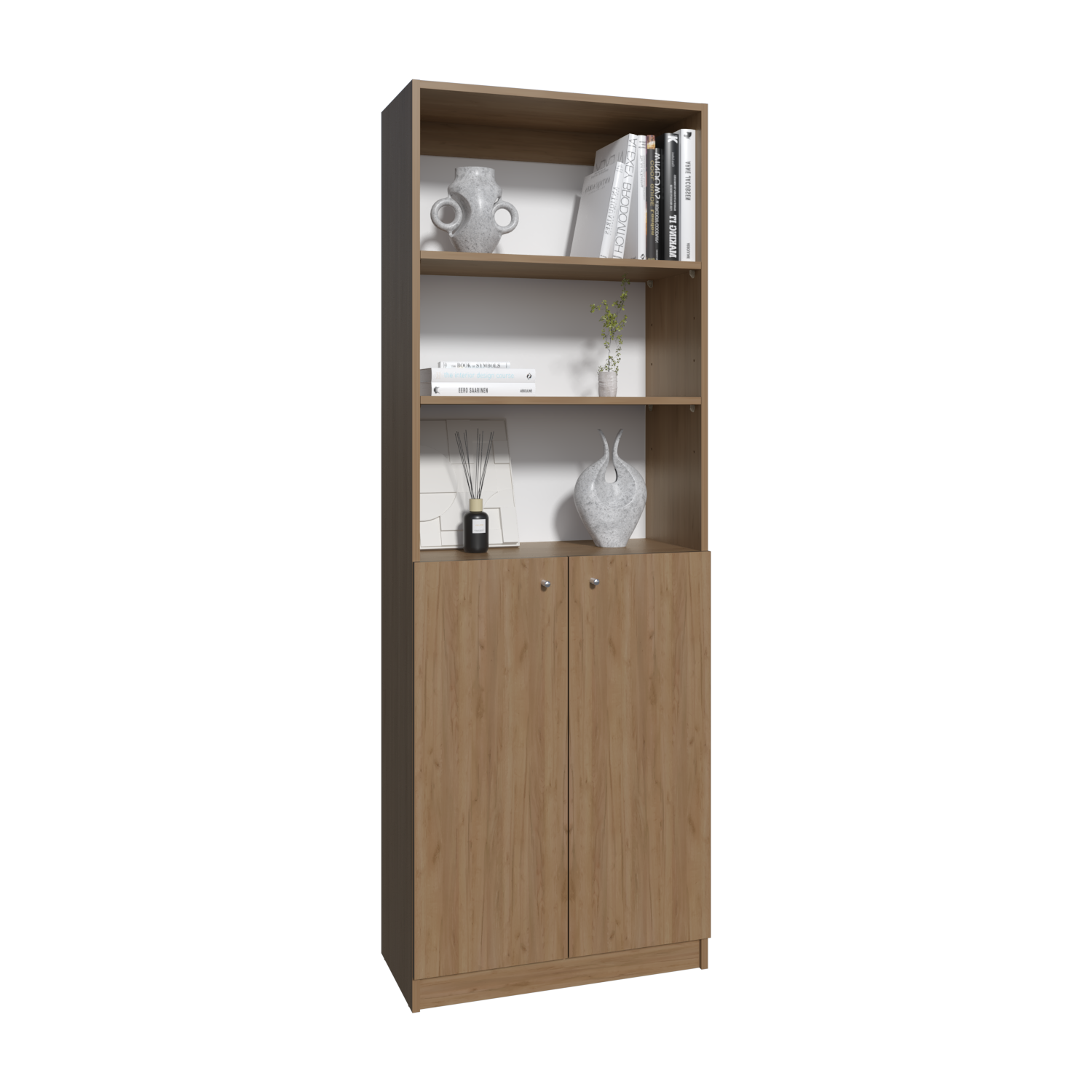 Vinton 2-Door Bookcase with Upper Shelves, Natural Oak / White - Luciddepo