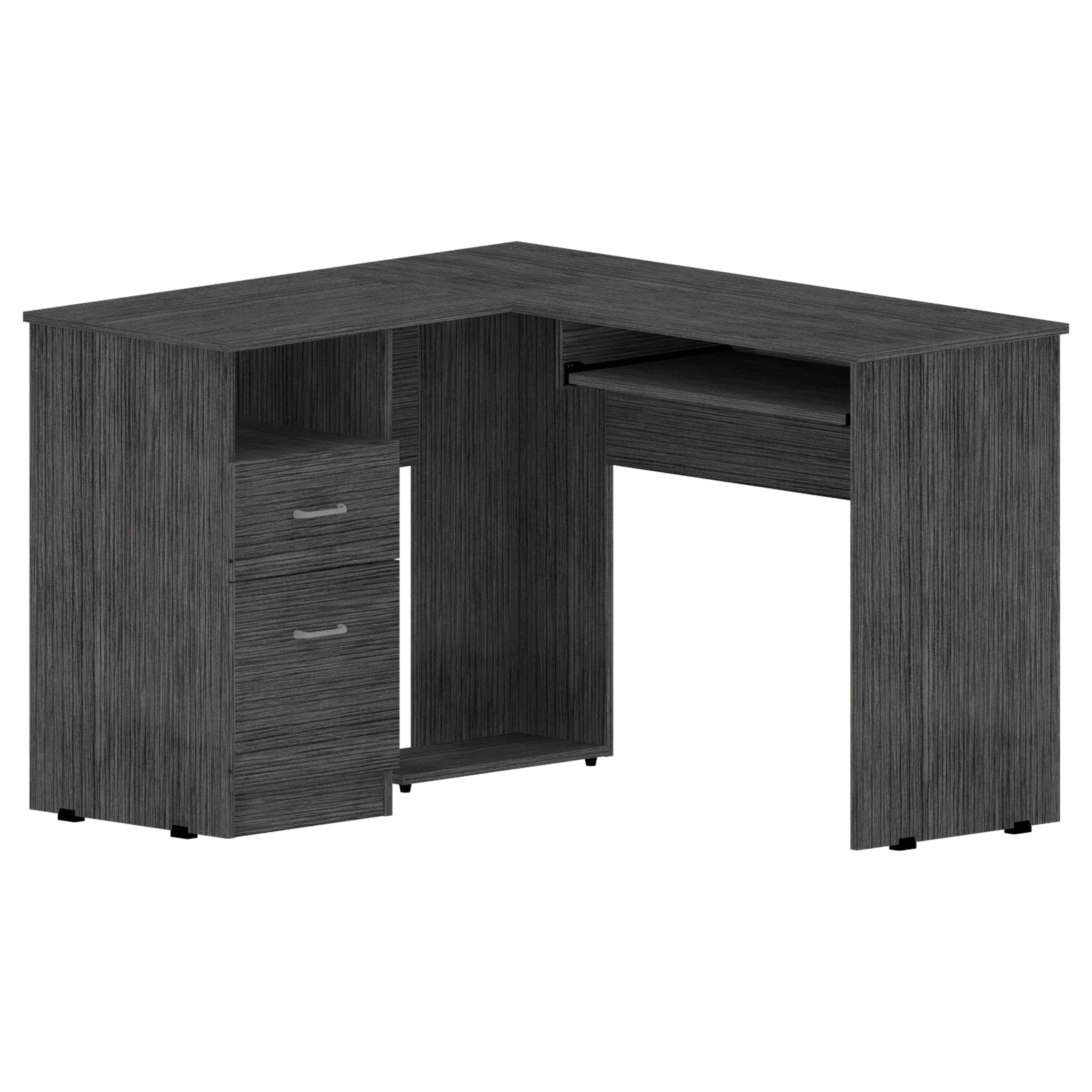 Idra L-Shaped Desk, Keyboard Tray, Two Drawers, One Open Shelf, Smokey Oak