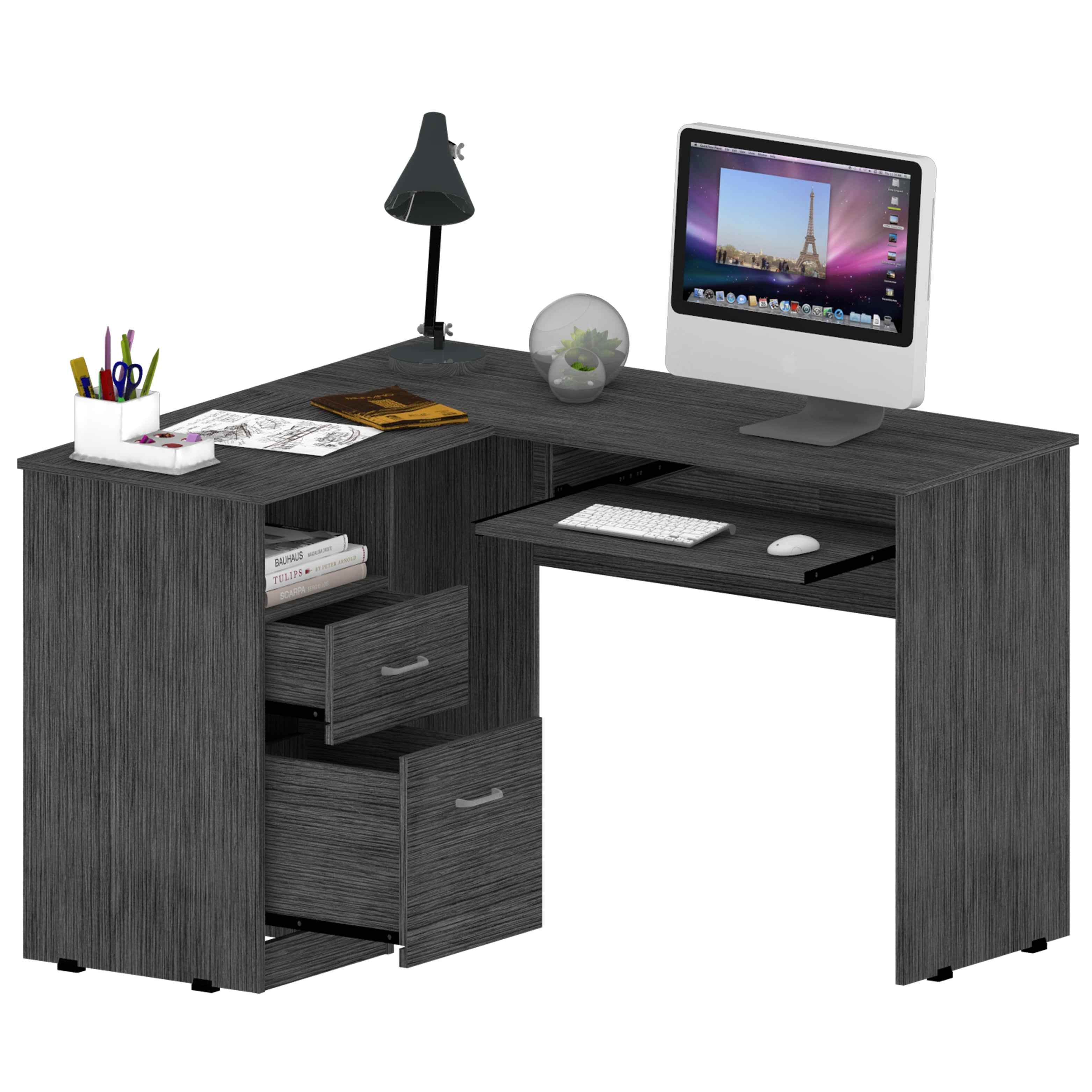 Idra L-Shaped Desk, Keyboard Tray, Two Drawers, One Open Shelf, Smokey Oak