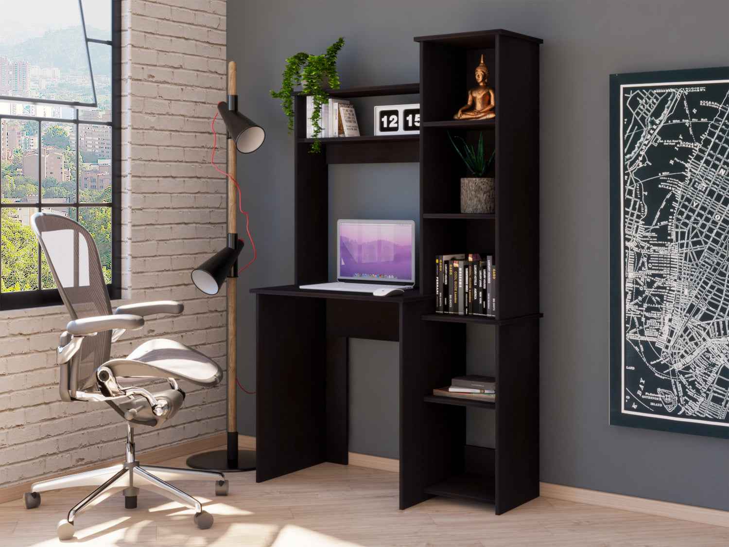 Aramis Desk, Five Shelves, Two Superior Shelves, Black