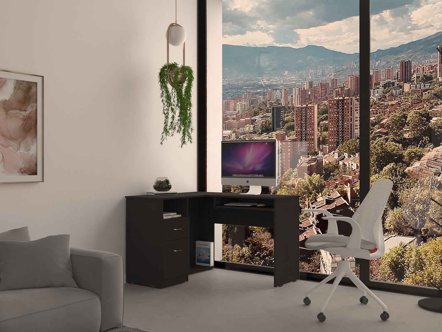 Idra L-Shaped Desk, Keyboard Tray, Two Drawers, One Open Shelf, Black