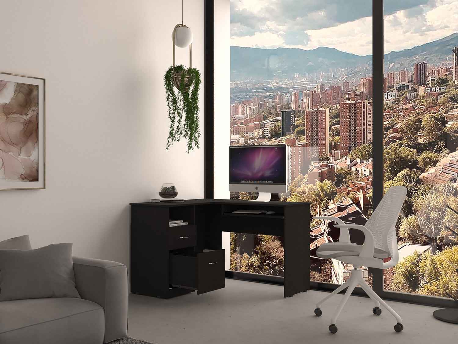 Idra L-Shaped Desk, Keyboard Tray, Two Drawers, One Open Shelf, Black