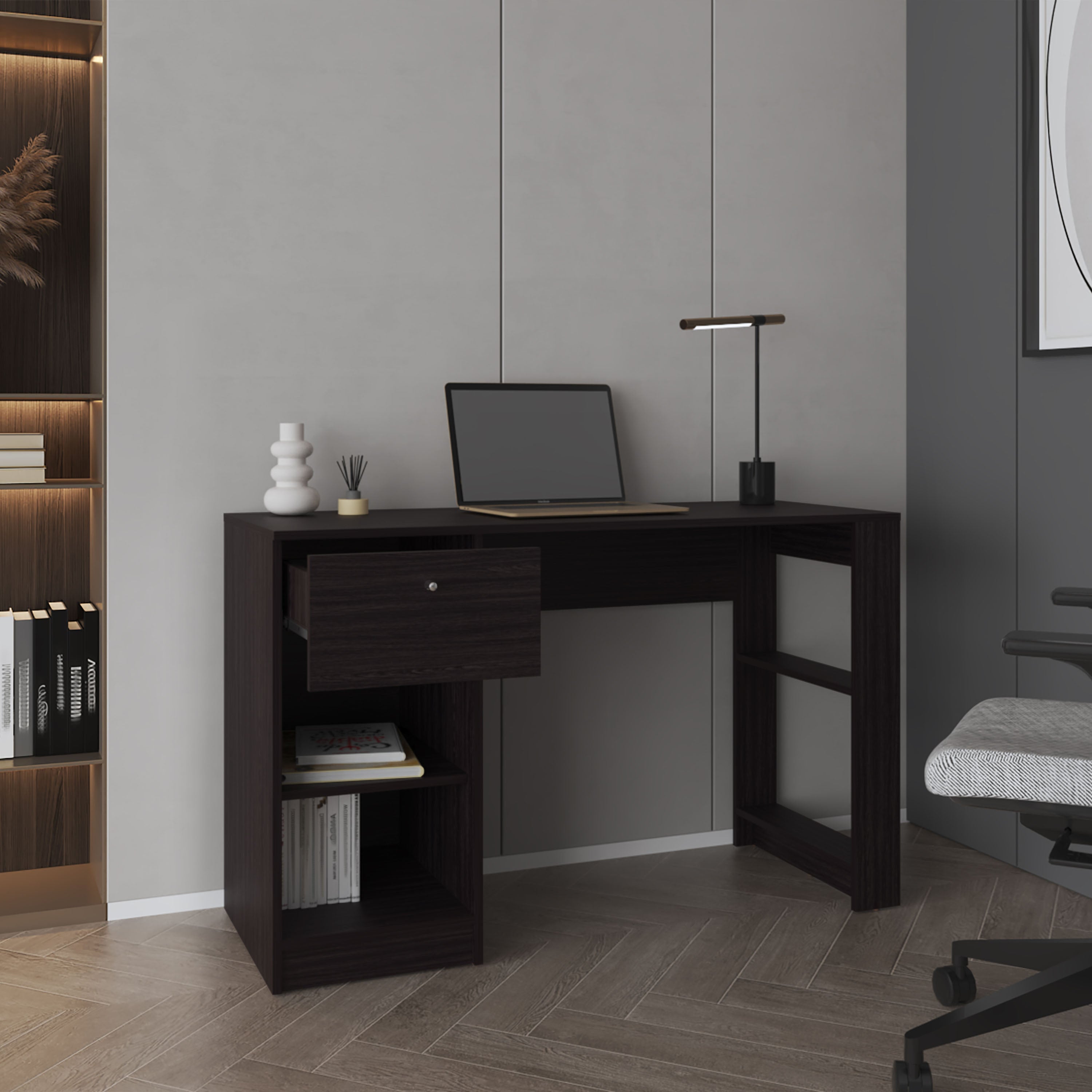 Tolsona Desk, 1 Drawer, 2 Shelves, Black - Luciddepo