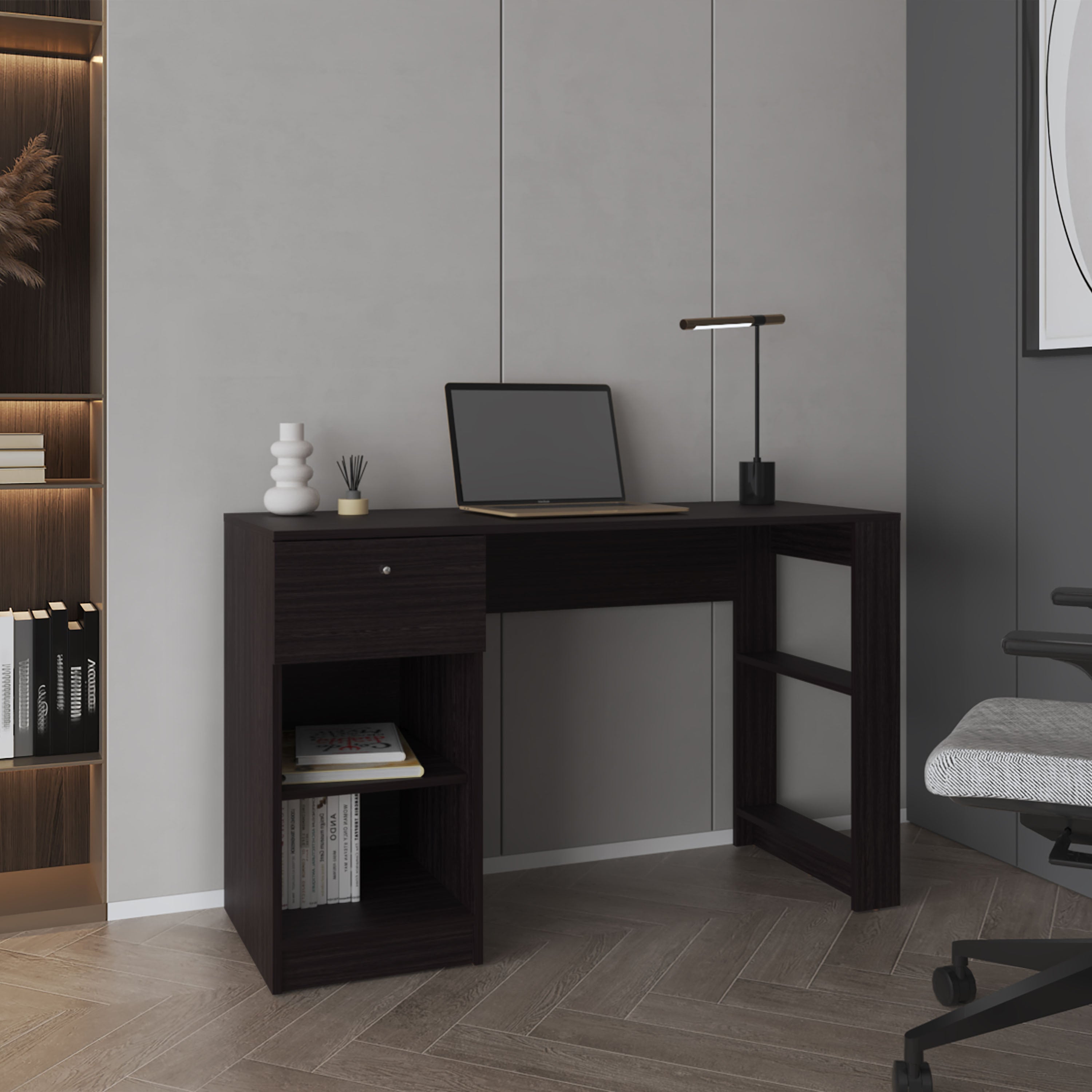 Tolsona Desk, 1 Drawer, 2 Shelves, Black - Luciddepo