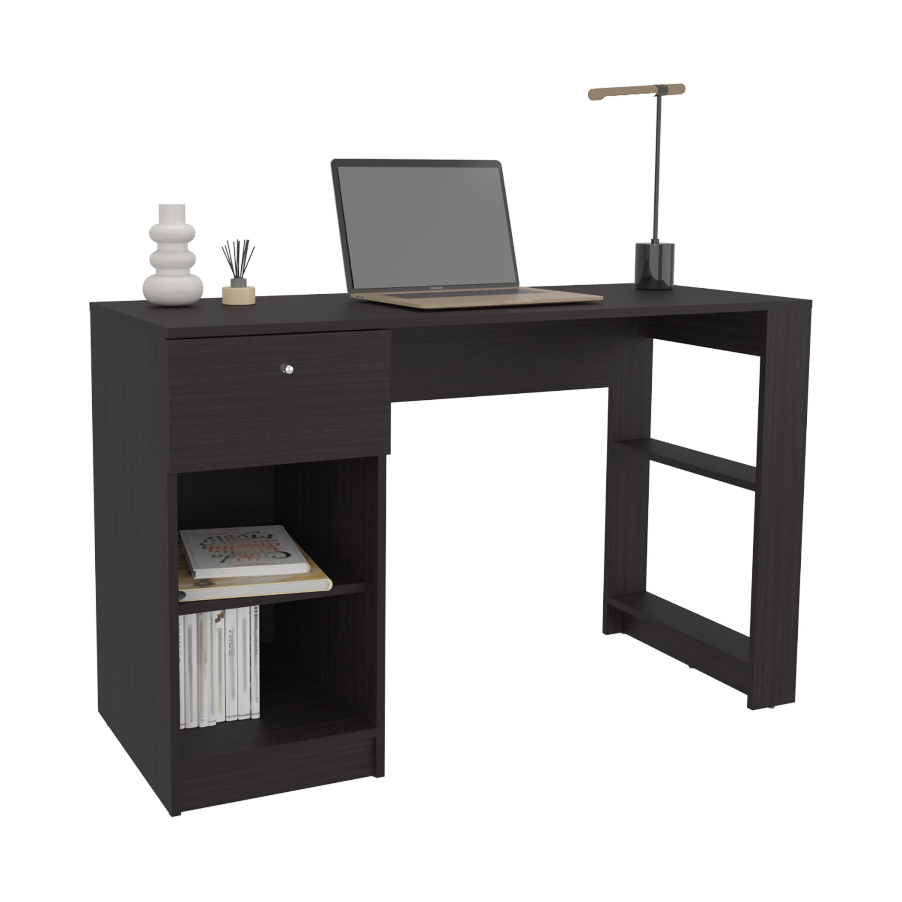 Tolsona Desk, 1 Drawer, 2 Shelves, Black - Luciddepo