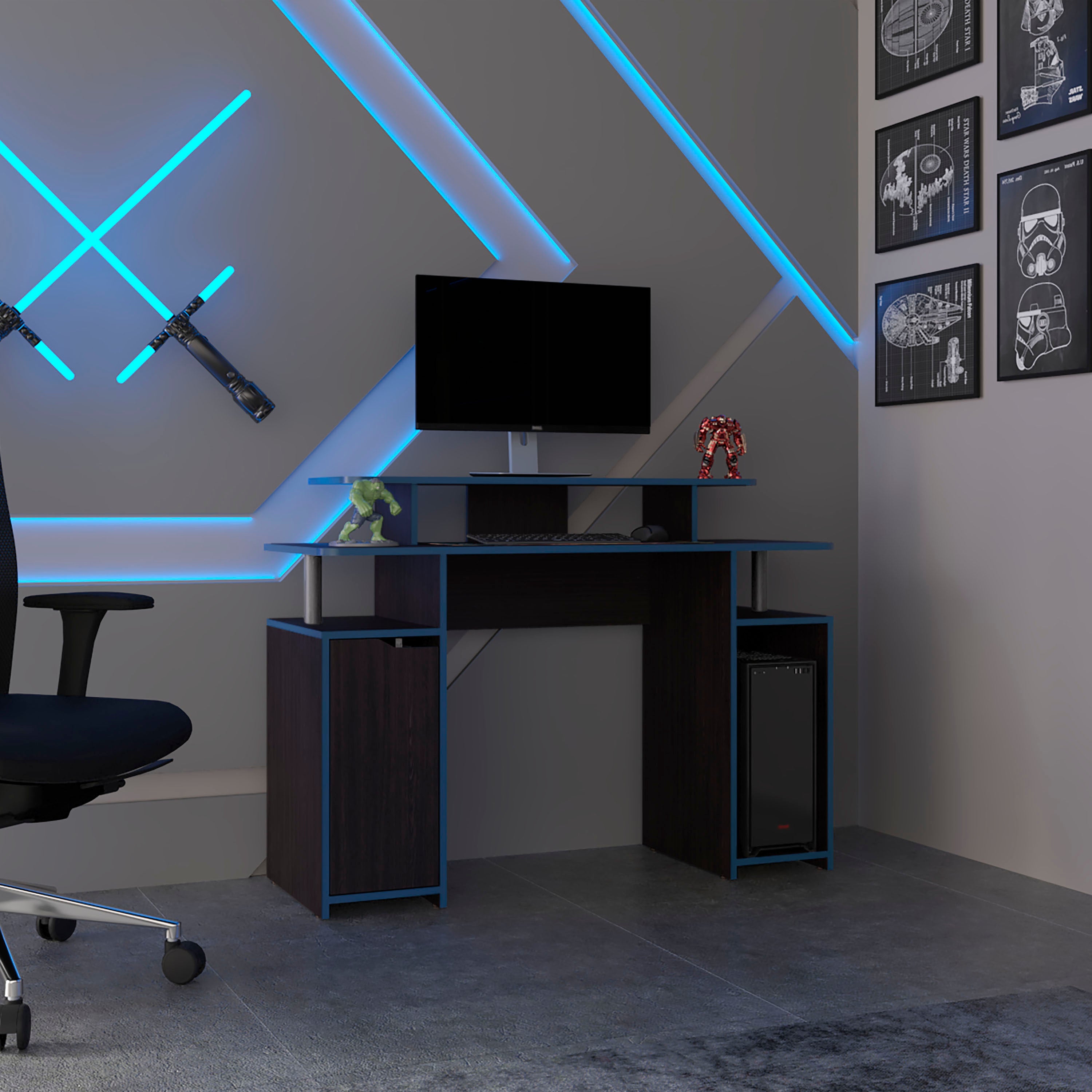 Hobart Gaming Desk, 1 Door, 6 Shelves, Black Wengue / Blue Edge - Luciddepo