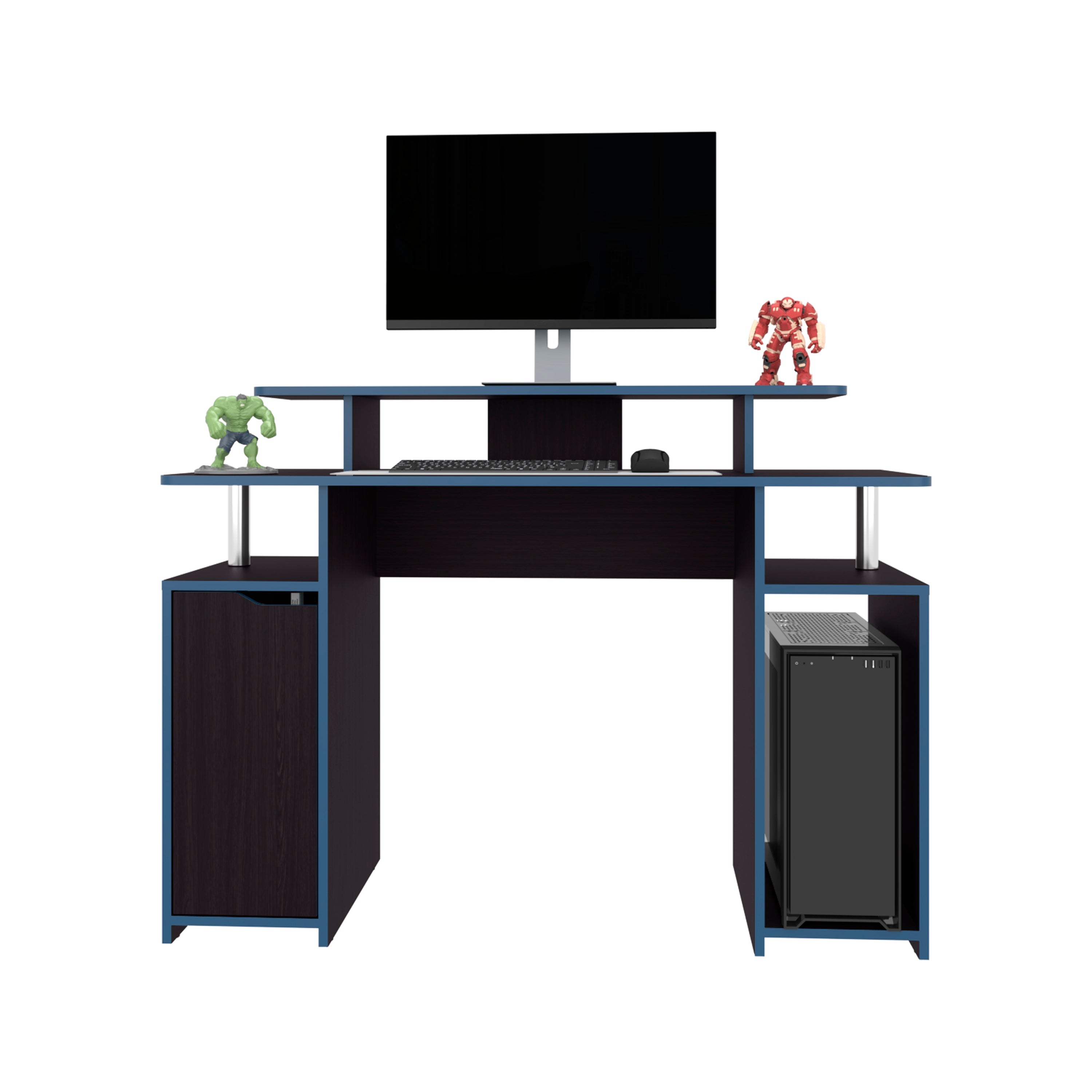 Hobart Gaming Desk, 1 Door, 6 Shelves, Black Wengue / Blue Edge - Luciddepo