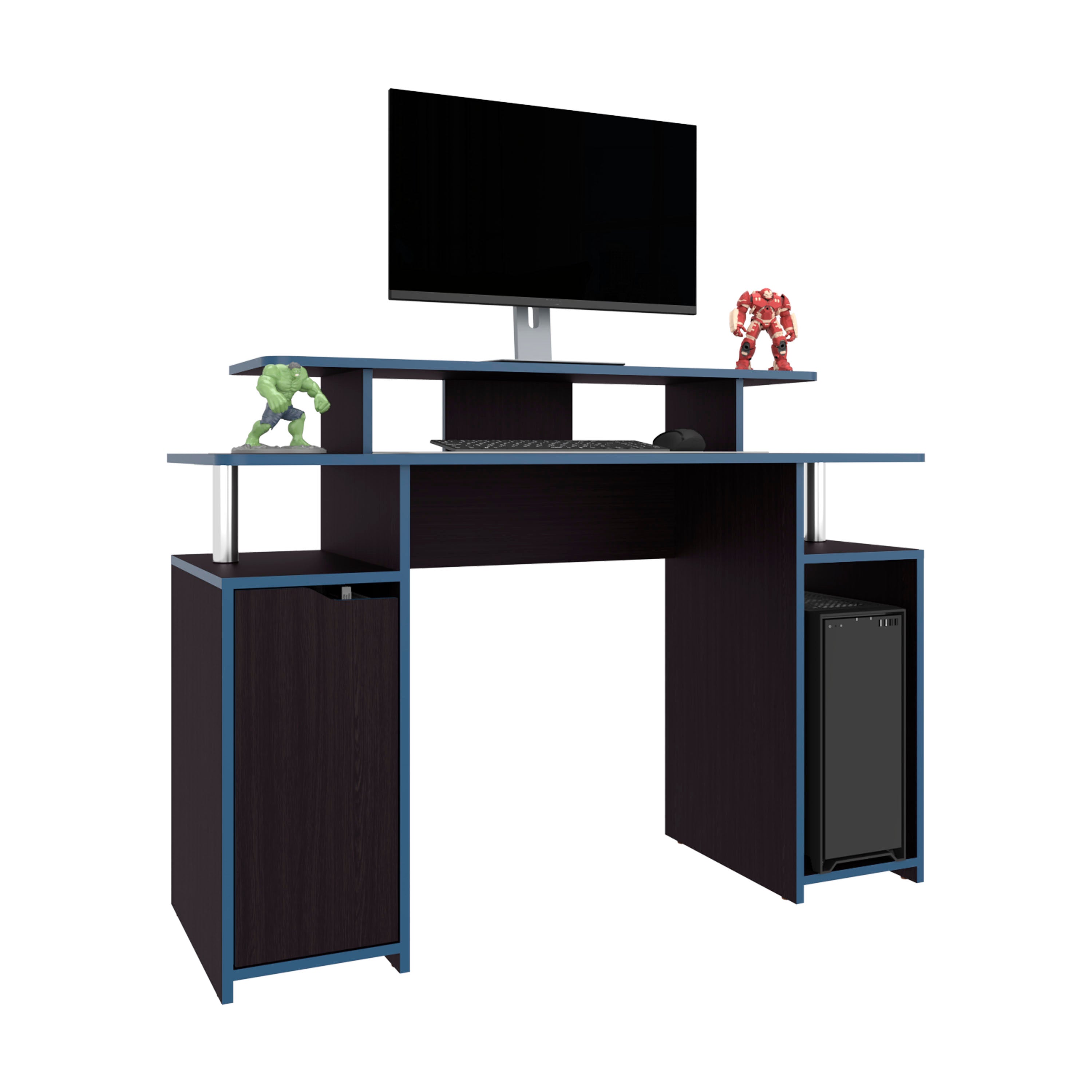 Hobart Gaming Desk, 1 Door, 6 Shelves, Black Wengue / Blue Edge - Luciddepo