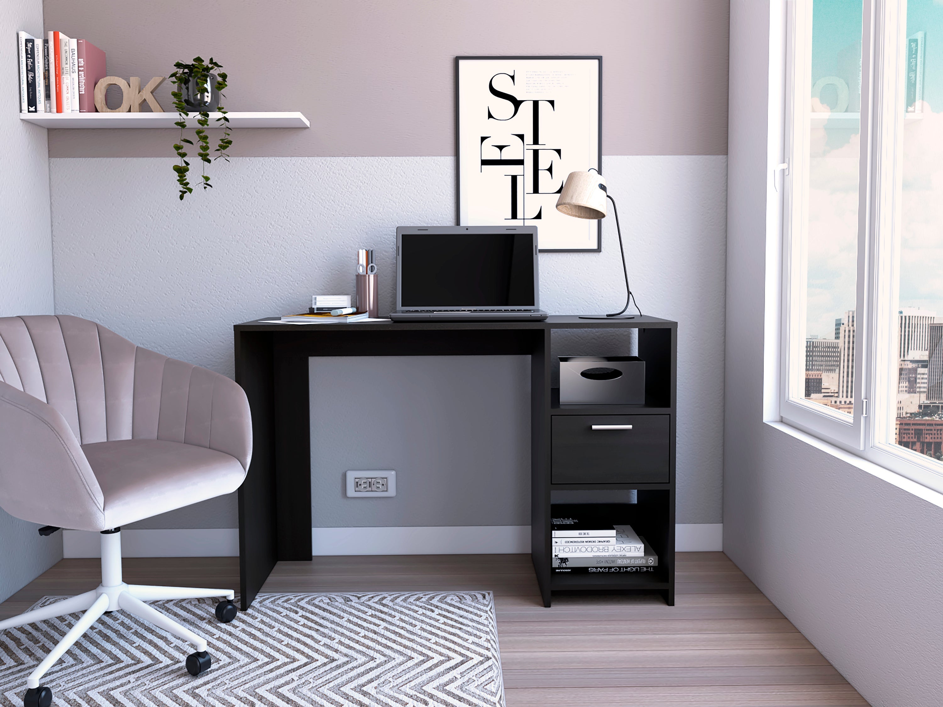 Naxos Computer Desk with 1-Drawer and 2-Open Storage Shelves, Black - Luciddepo
