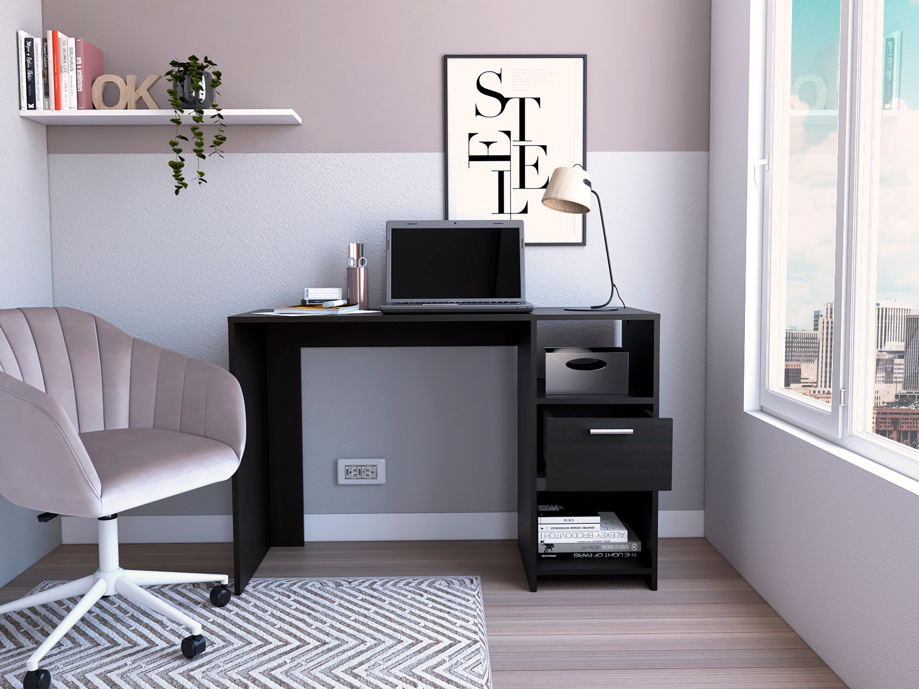 Naxos Computer Desk with 1-Drawer and 2-Open Storage Shelves, Black - Luciddepo