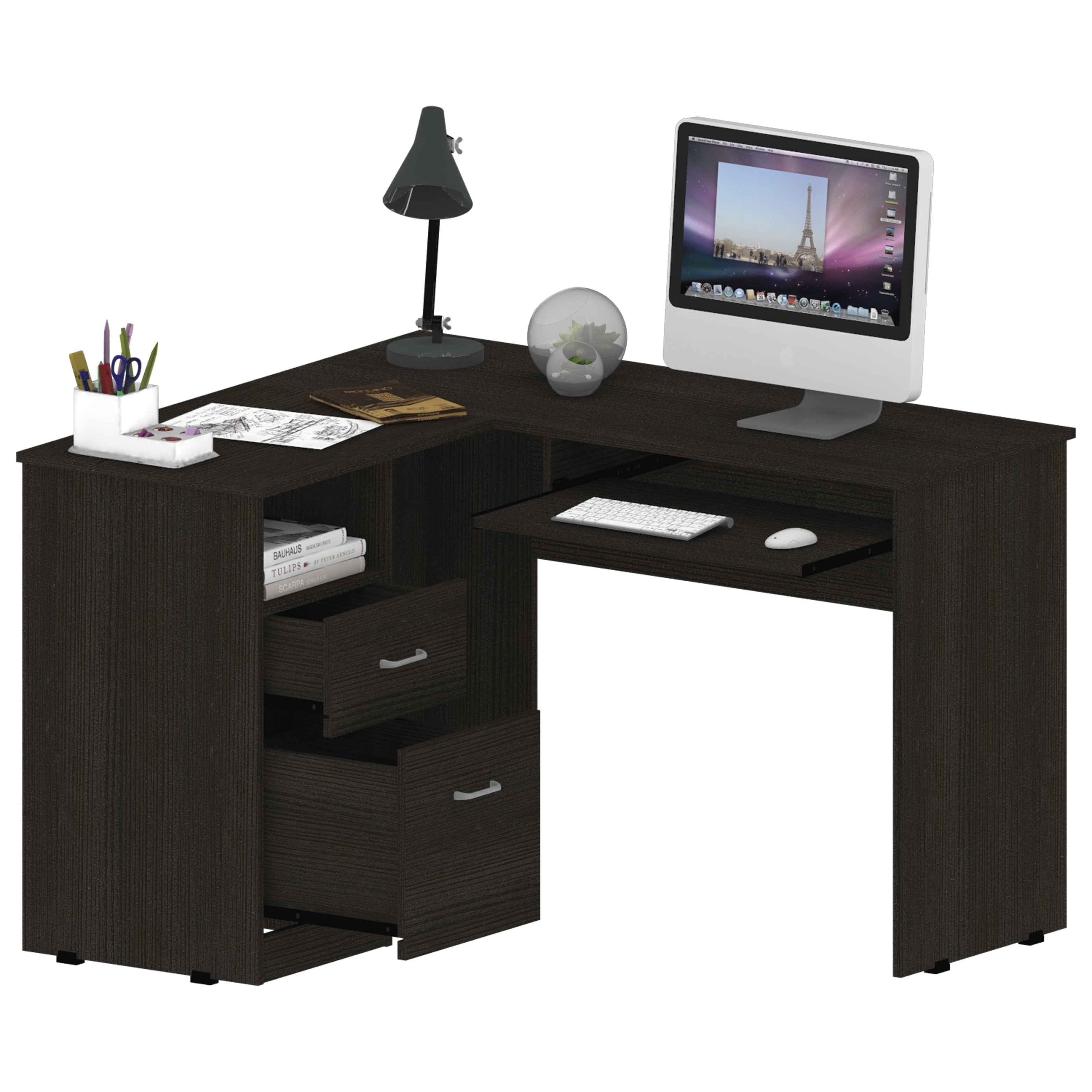 Idra L-Shaped Desk, Keyboard Tray, Two Drawers, One Open Shelf, Black