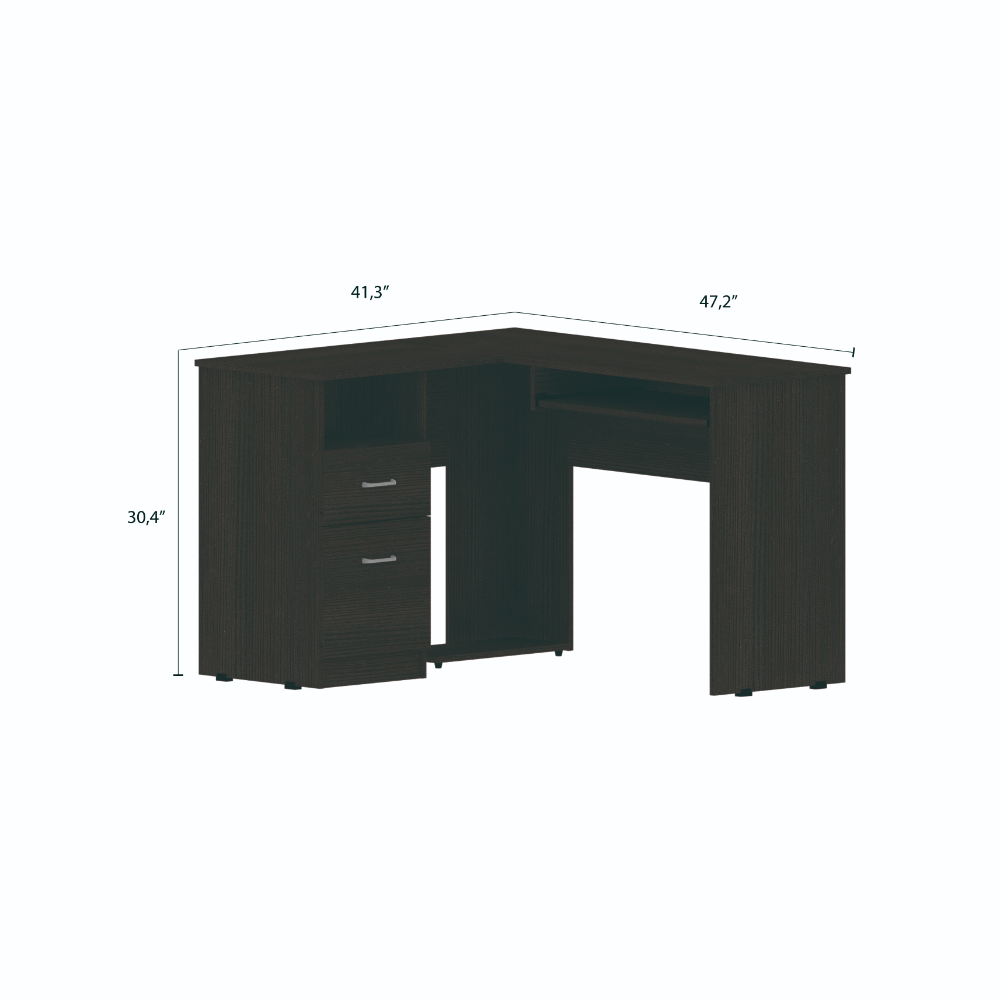 Idra L-Shaped Desk, Keyboard Tray, Two Drawers, One Open Shelf, Black - Luciddepo