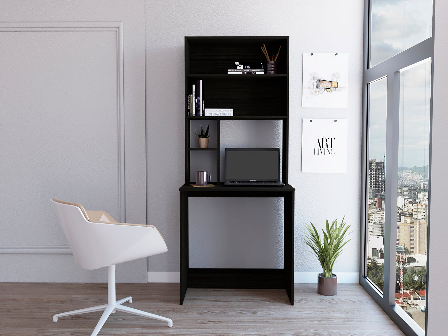 Xalo Computer Hutch Desk, Lower Shelf, Four Shelves, Black - Luciddepo