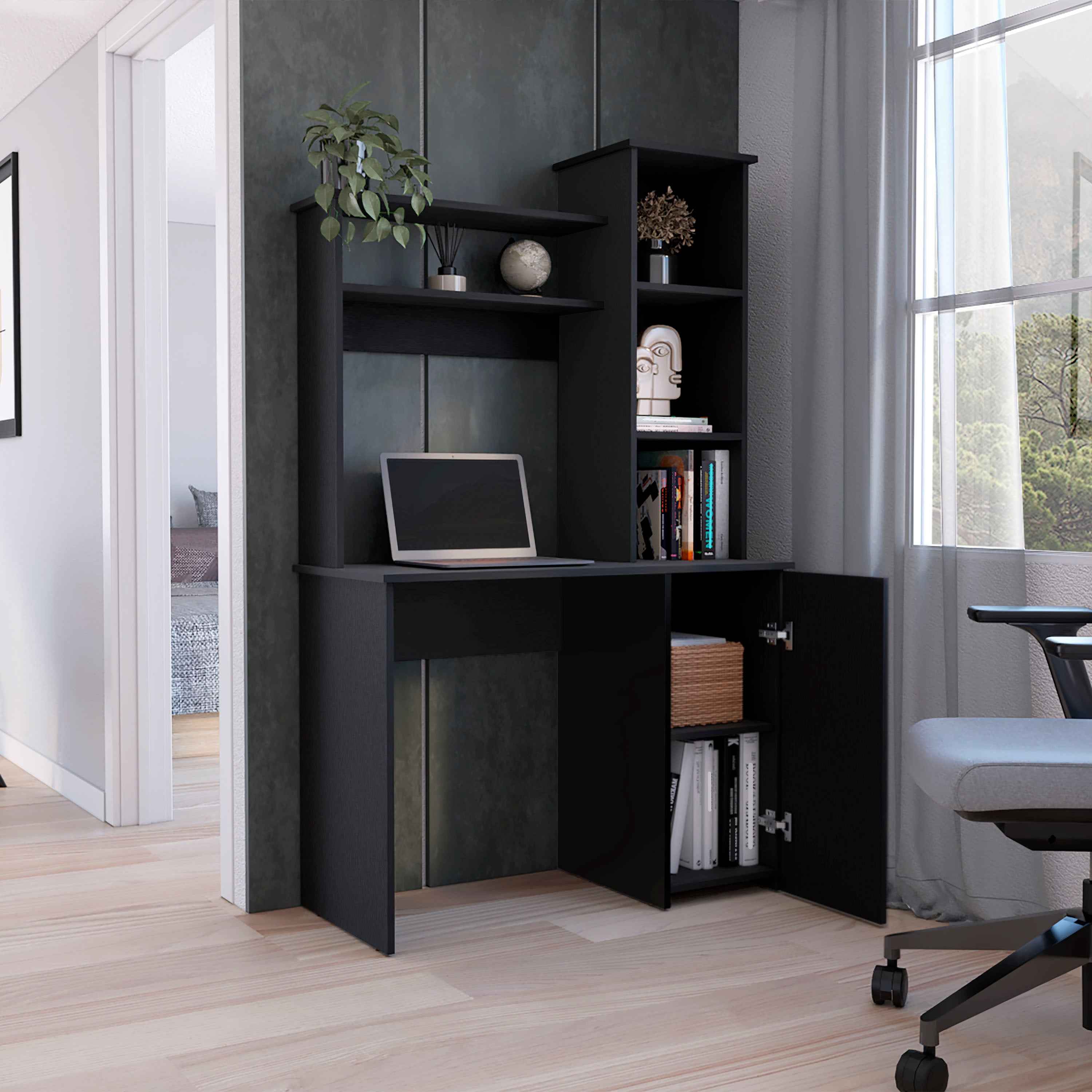 Muncy Computer Desk with Ample Work Surface, Hutch Storage and Single Door Cabinet with 3-Tier Shelves, Black
