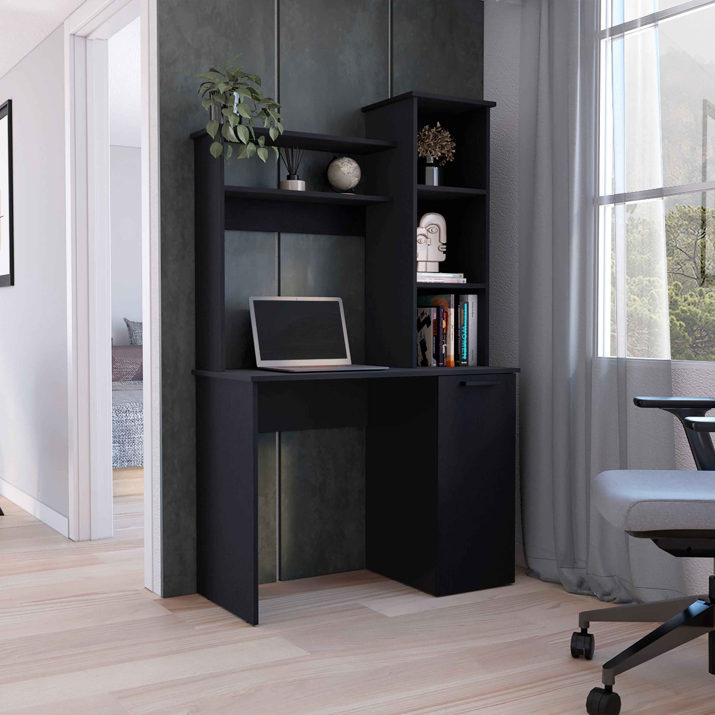 Muncy Computer Desk with Ample Work Surface, Hutch Storage and Single Door Cabinet with 3-Tier Shelves, Black