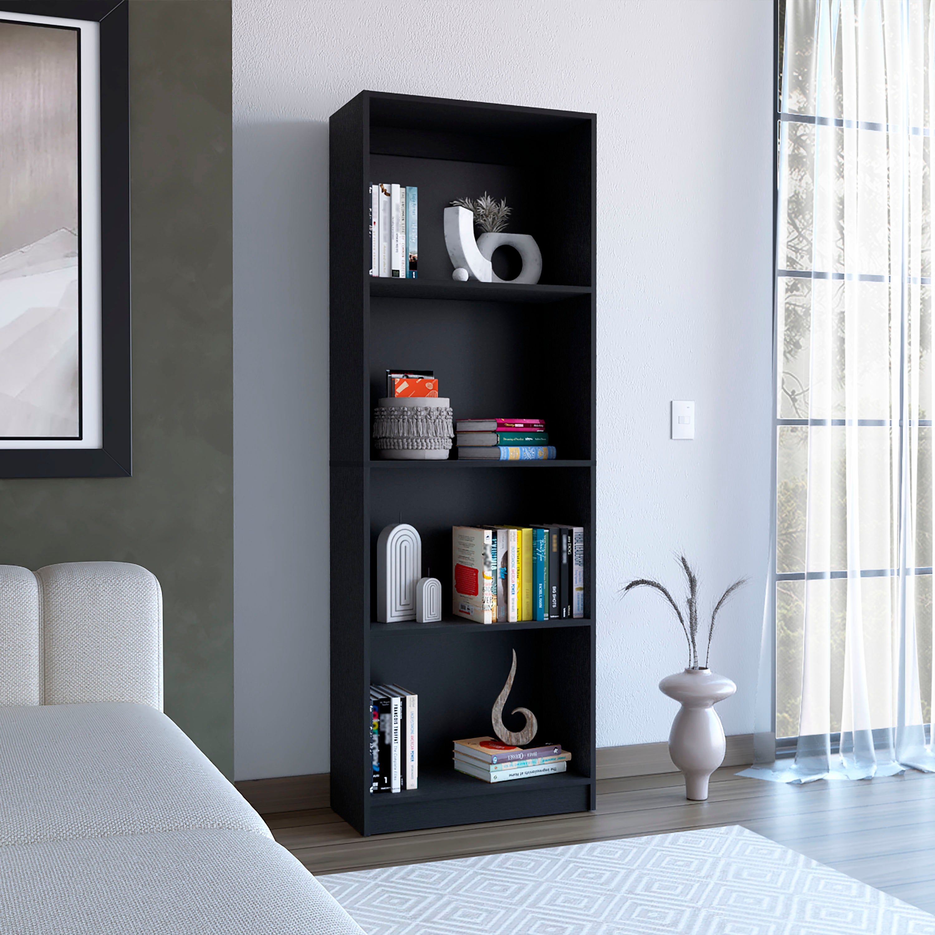 Vinton Bookcase with Spacious Tier-Shelving Design, Black - Luciddepo