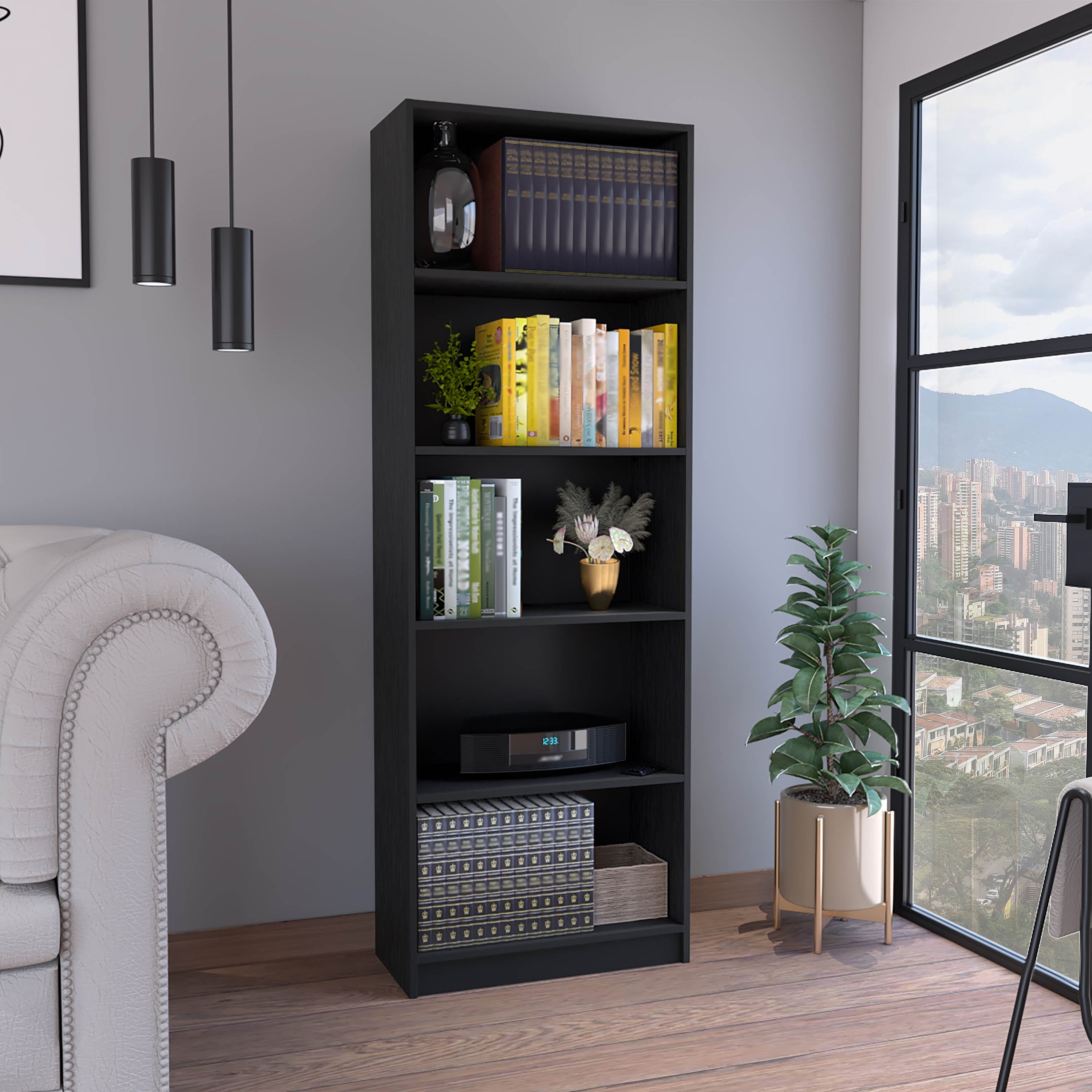 Vinton 4-Tier Bookcase with Modern Storage for Books and Decor, Black - Luciddepo
