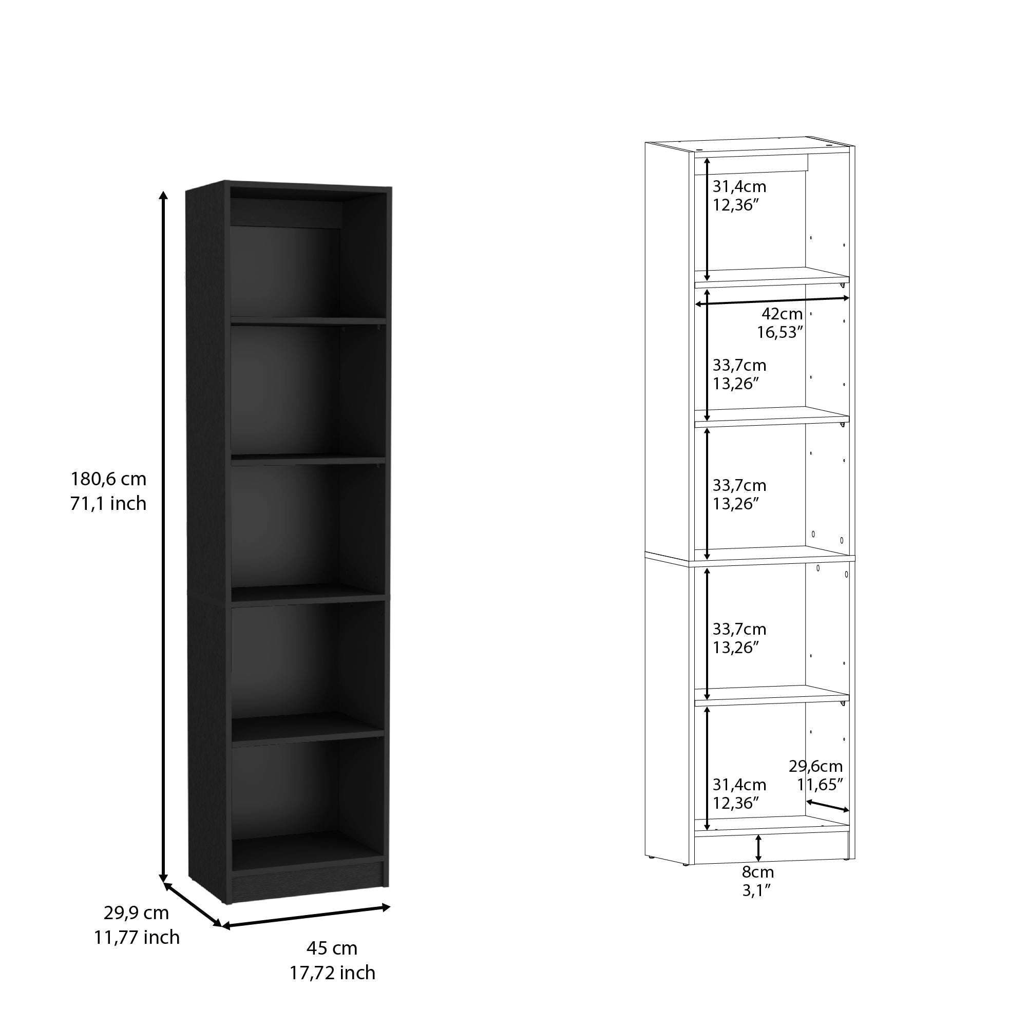 Vinton XS Bookcase Compact Bookshelf with Multiple Shelves, Black - Luciddepo