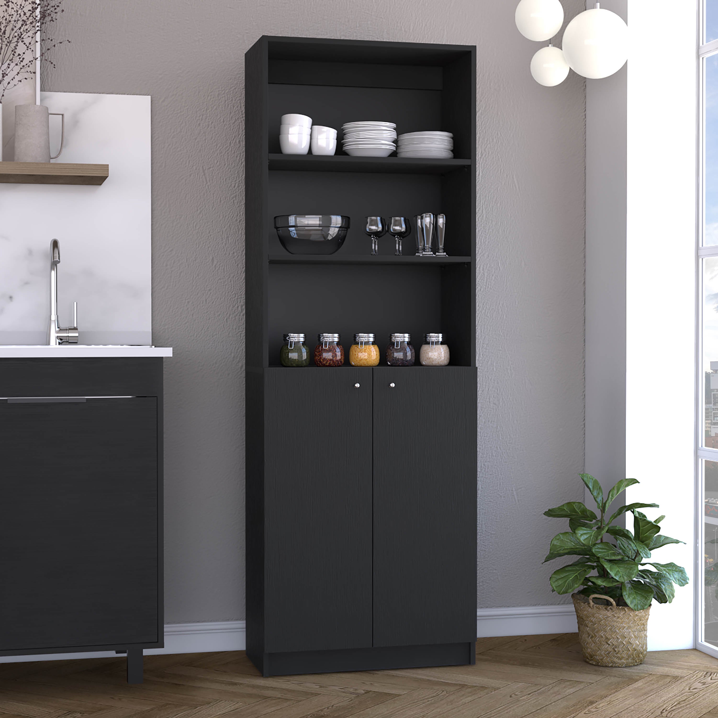 Vinton 2-Door Bookcase with Upper Shelves, Black - Luciddepo