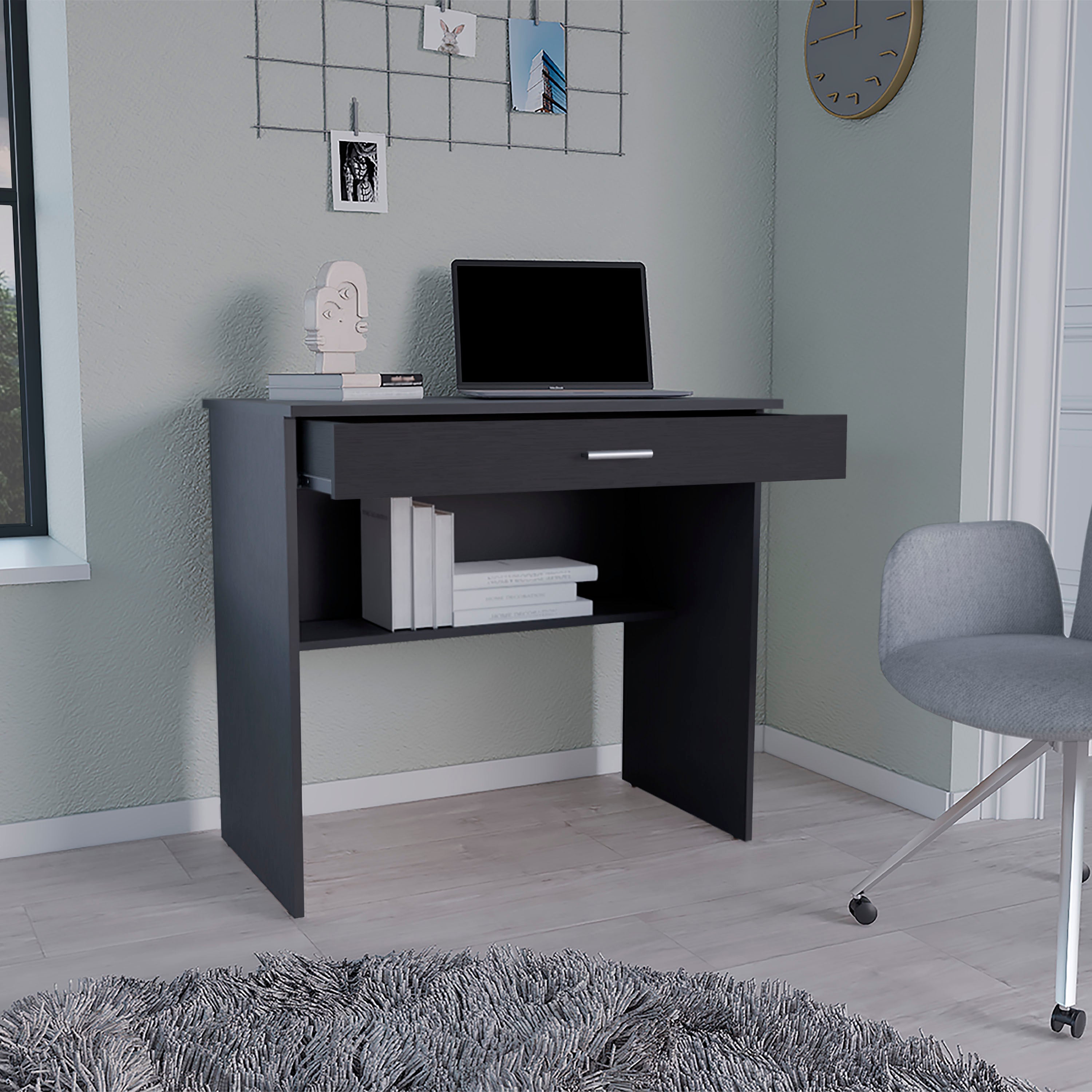 Montana Storage Desk, Spacious Stylish with Drawer and Shelf, Black - Luciddepo