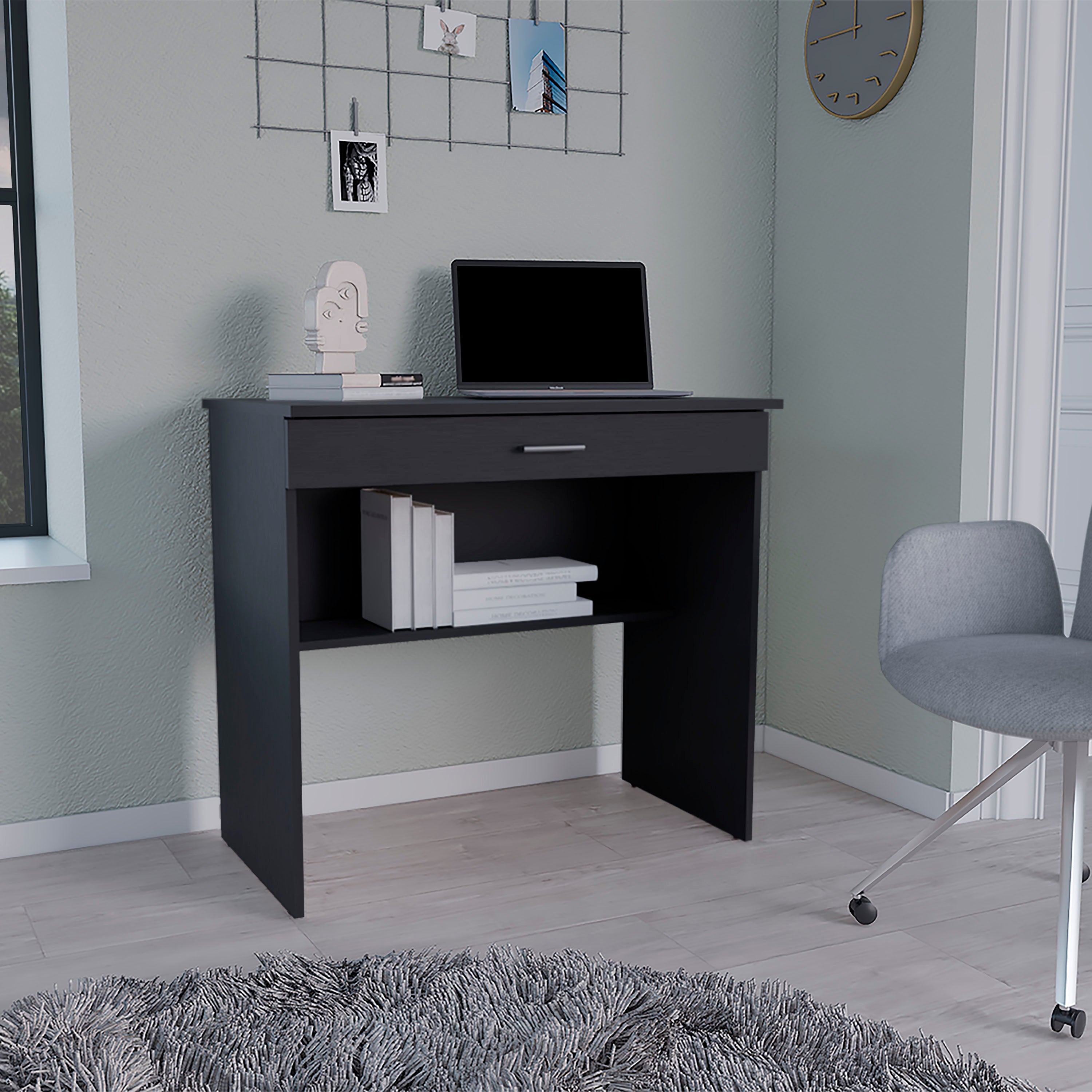 Montana Storage Desk, Spacious Stylish with Drawer and Shelf, Black - Luciddepo