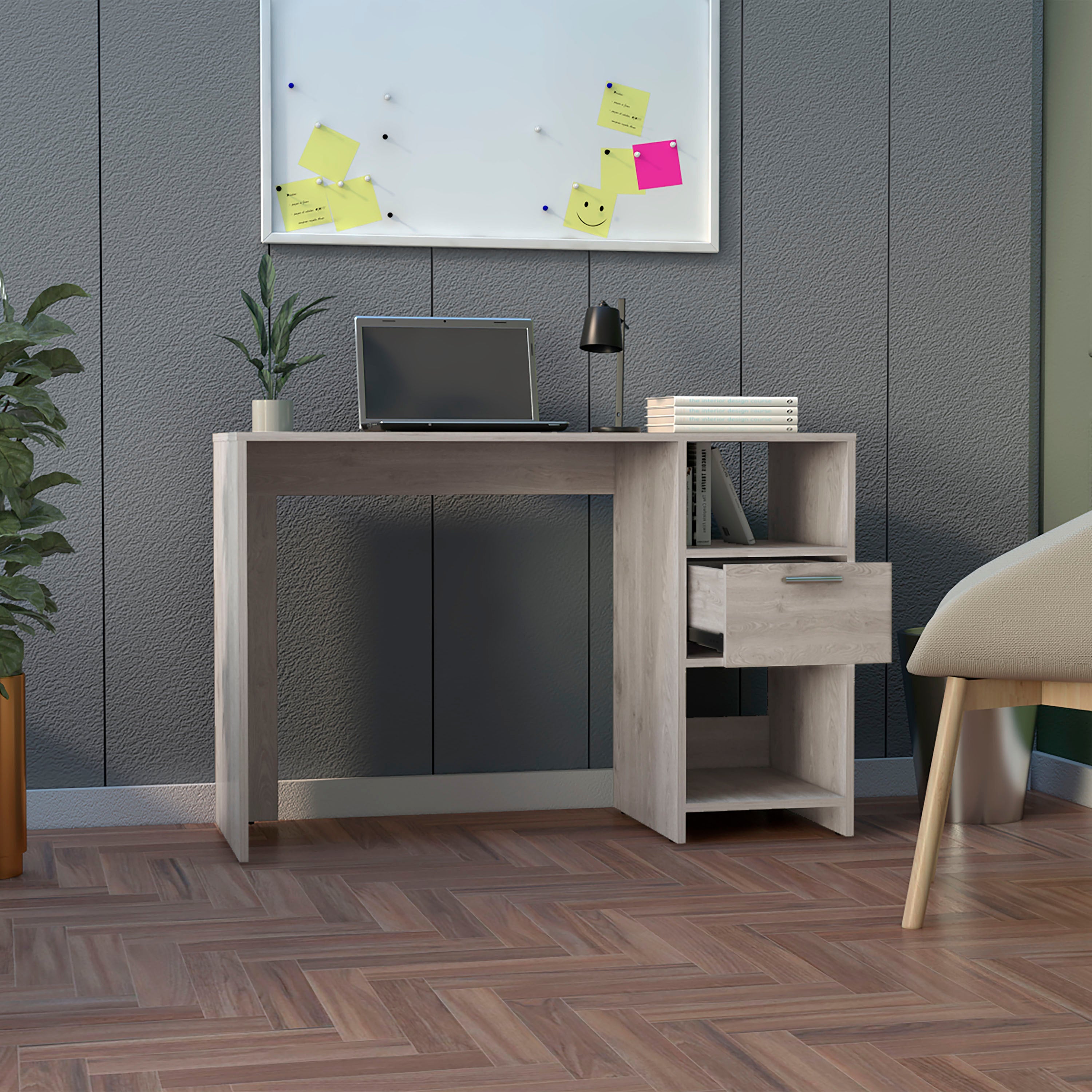 Naxos Computer Desk with 1-Drawer and 2-Open Storage Shelves, Light Gray - Luciddepo