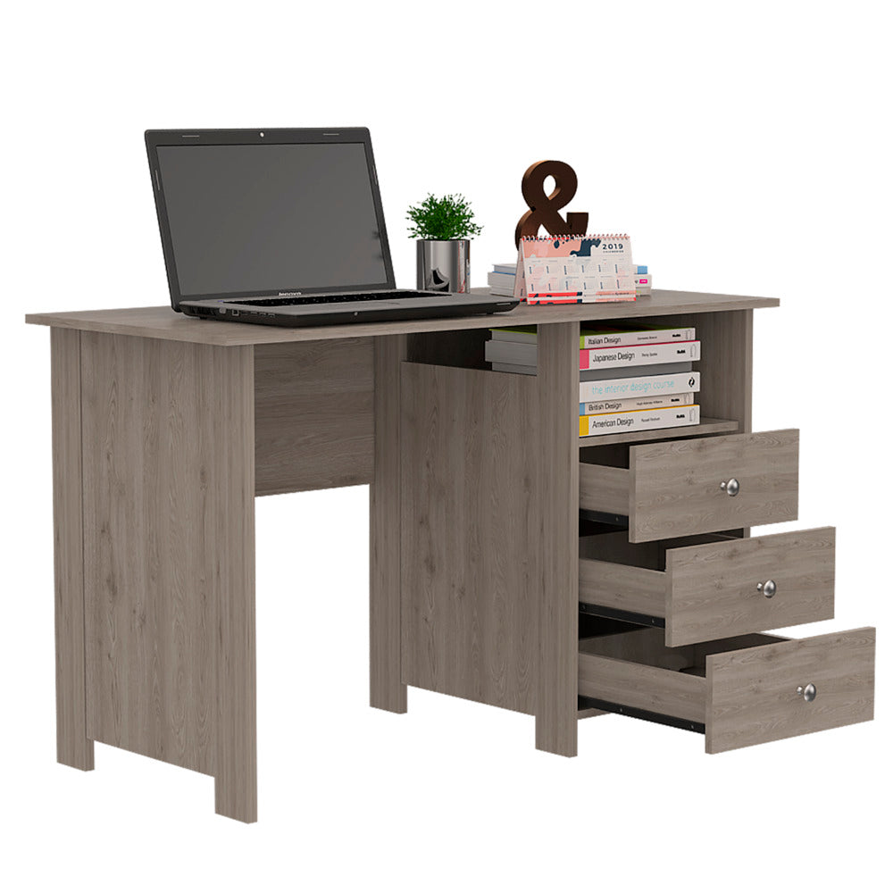 Antara Computer Desk with Open Storage Shelf and 3-Drawers, Light Gray - Luciddepo
