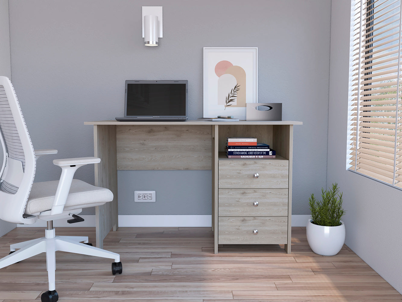 Antara Computer Desk with Open Storage Shelf and 3-Drawers, Light Gray - Luciddepo