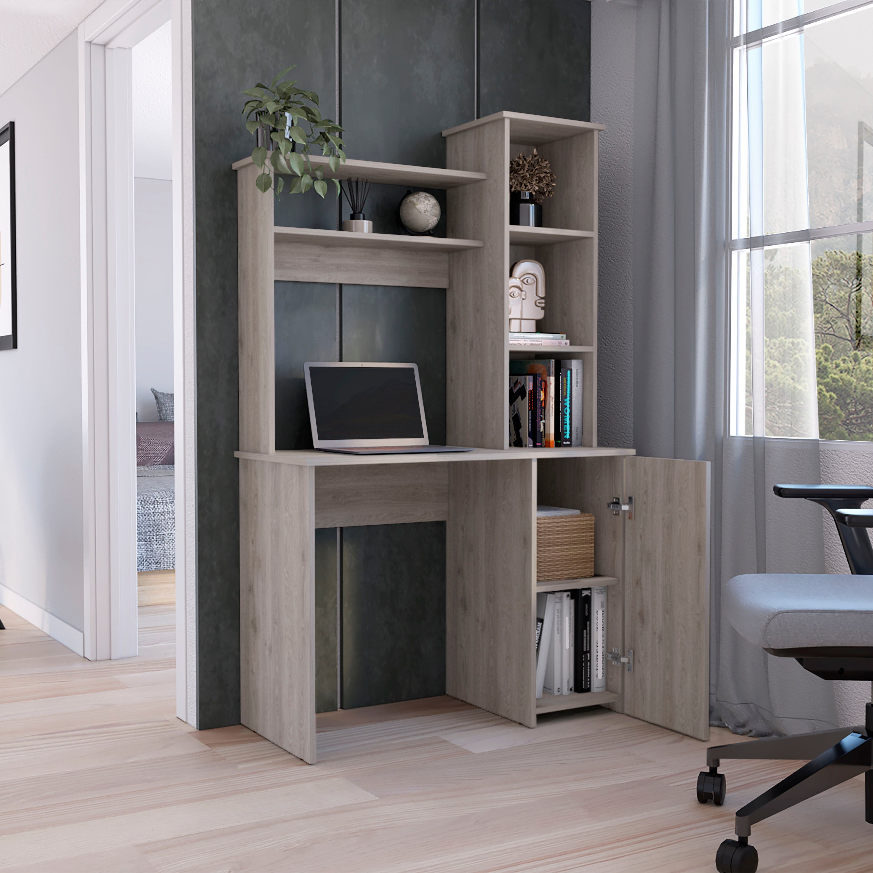 Muncy Computer Desk with Ample Work Surface, Hutch Storage and Single Door Cabinet with 3-Tier Shelves, Light Gray - Luciddepo
