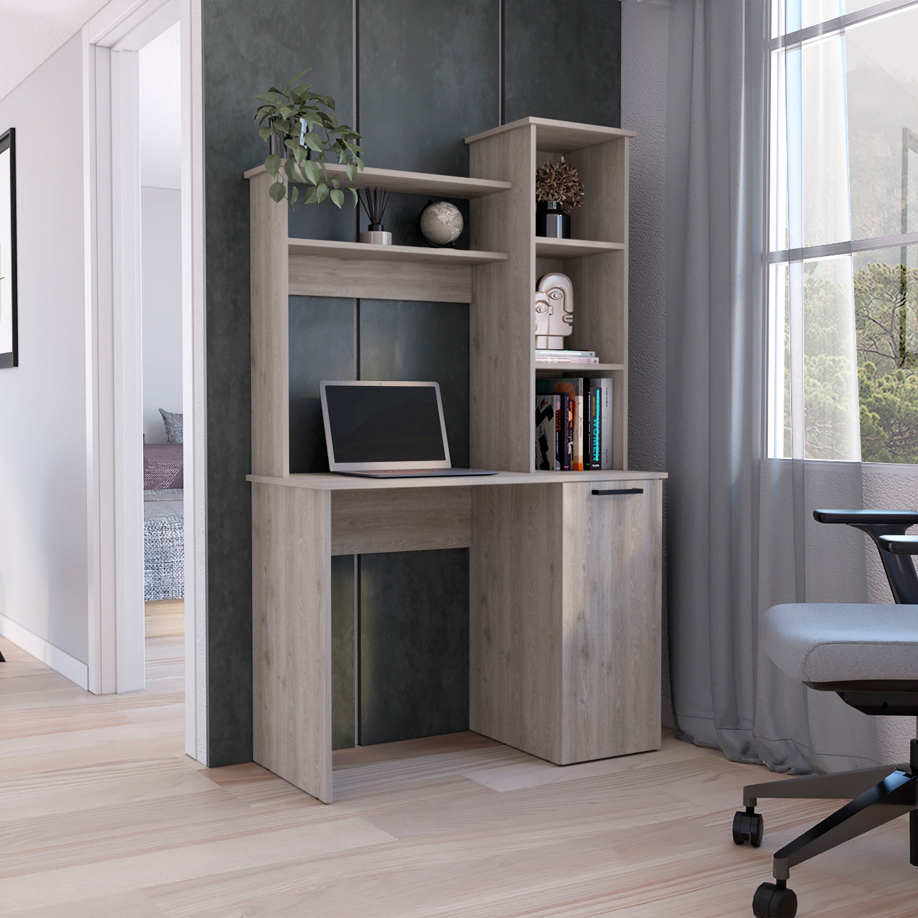 Muncy Computer Desk with Ample Work Surface, Hutch Storage and Single Door Cabinet with 3-Tier Shelves, Light Gray - Luciddepo