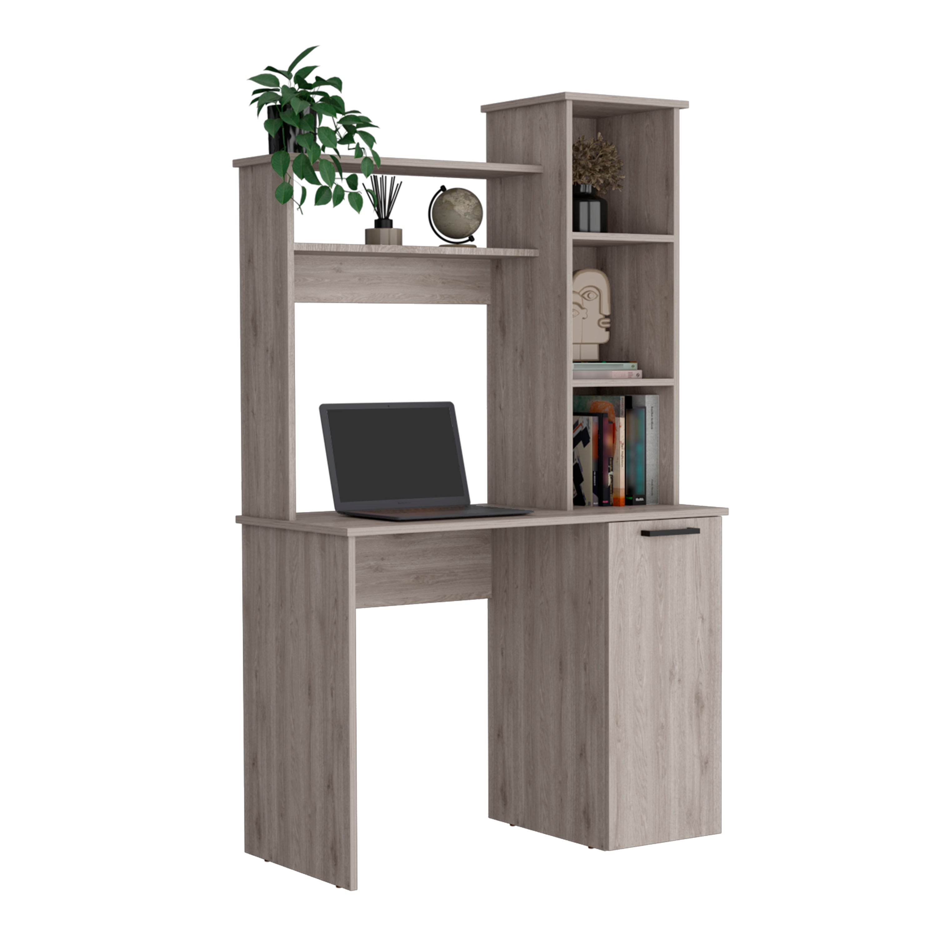 Muncy Computer Desk with Ample Work Surface, Hutch Storage and Single Door Cabinet with 3-Tier Shelves, Light Gray - Luciddepo